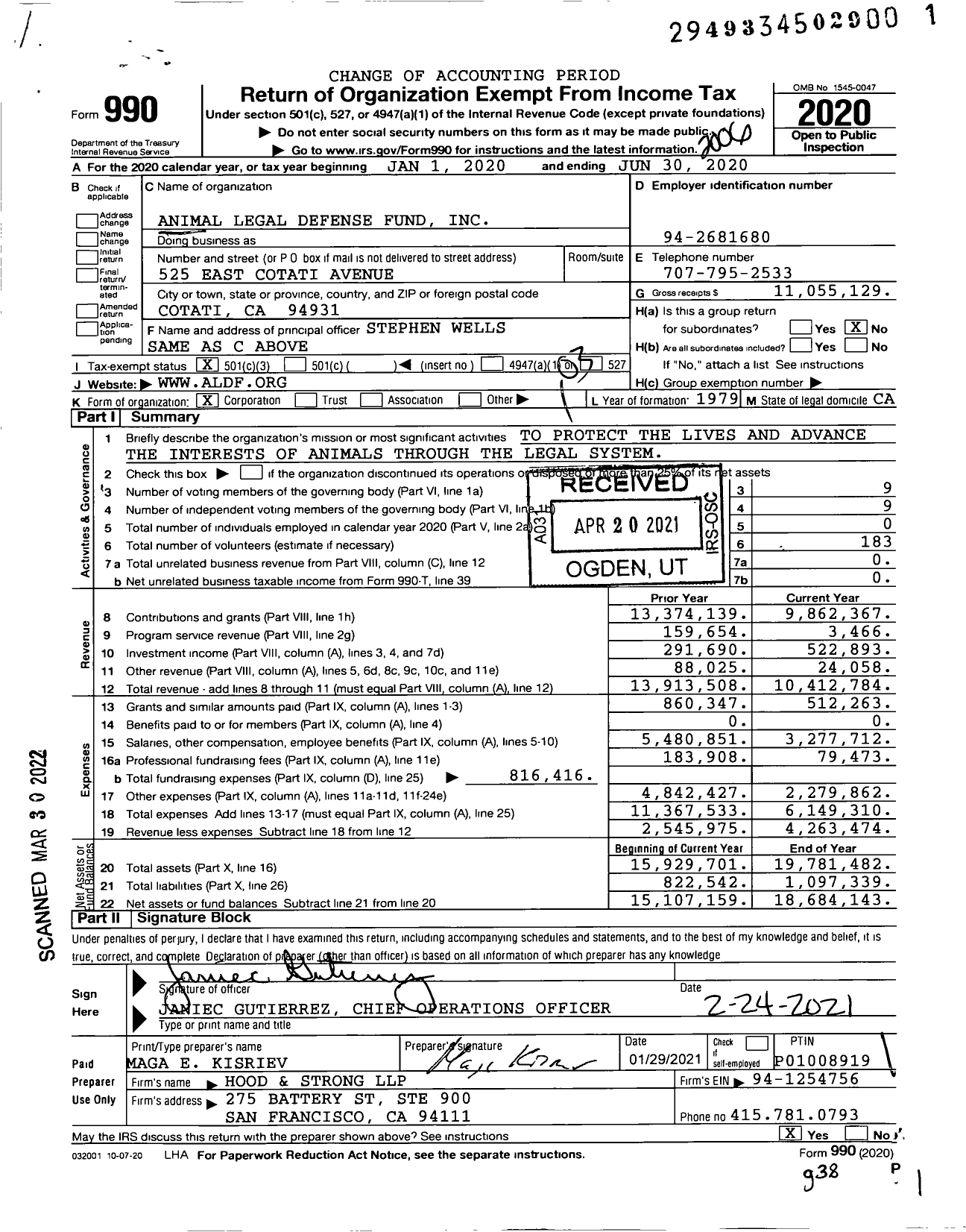 Image of first page of 2019 Form 990 for Animal Legal Defense Fund