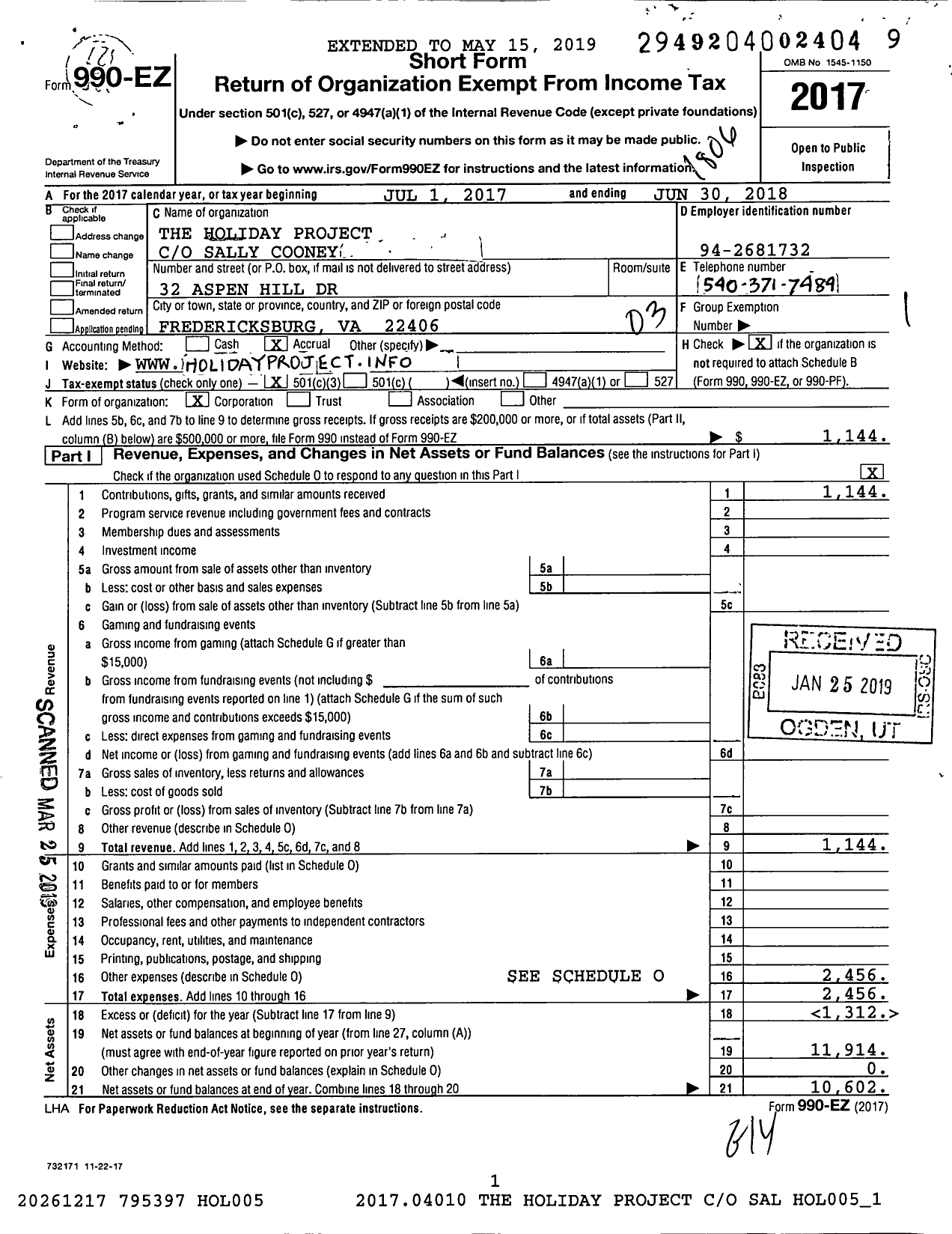 Image of first page of 2017 Form 990EZ for The Holiday Project