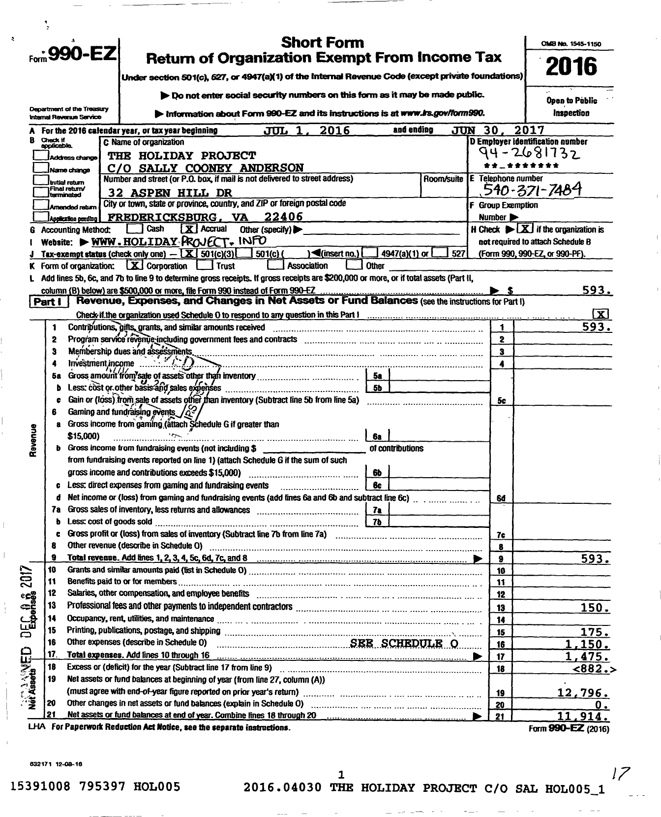 Image of first page of 2016 Form 990EZ for The Holiday Project