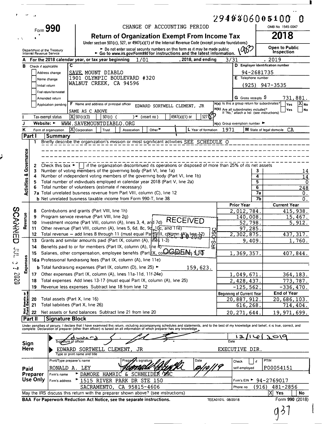 Image of first page of 2018 Form 990 for Save Mount Diablo