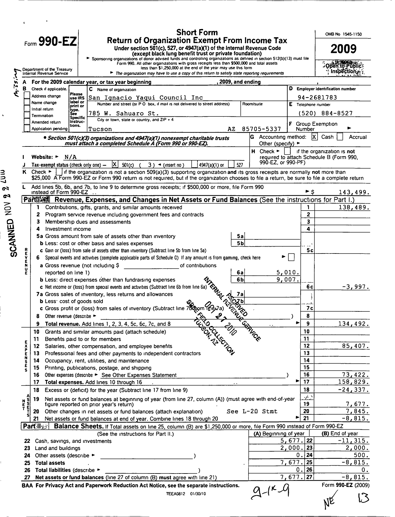 Image of first page of 2009 Form 990EZ for San Ignacio Yaqui Council