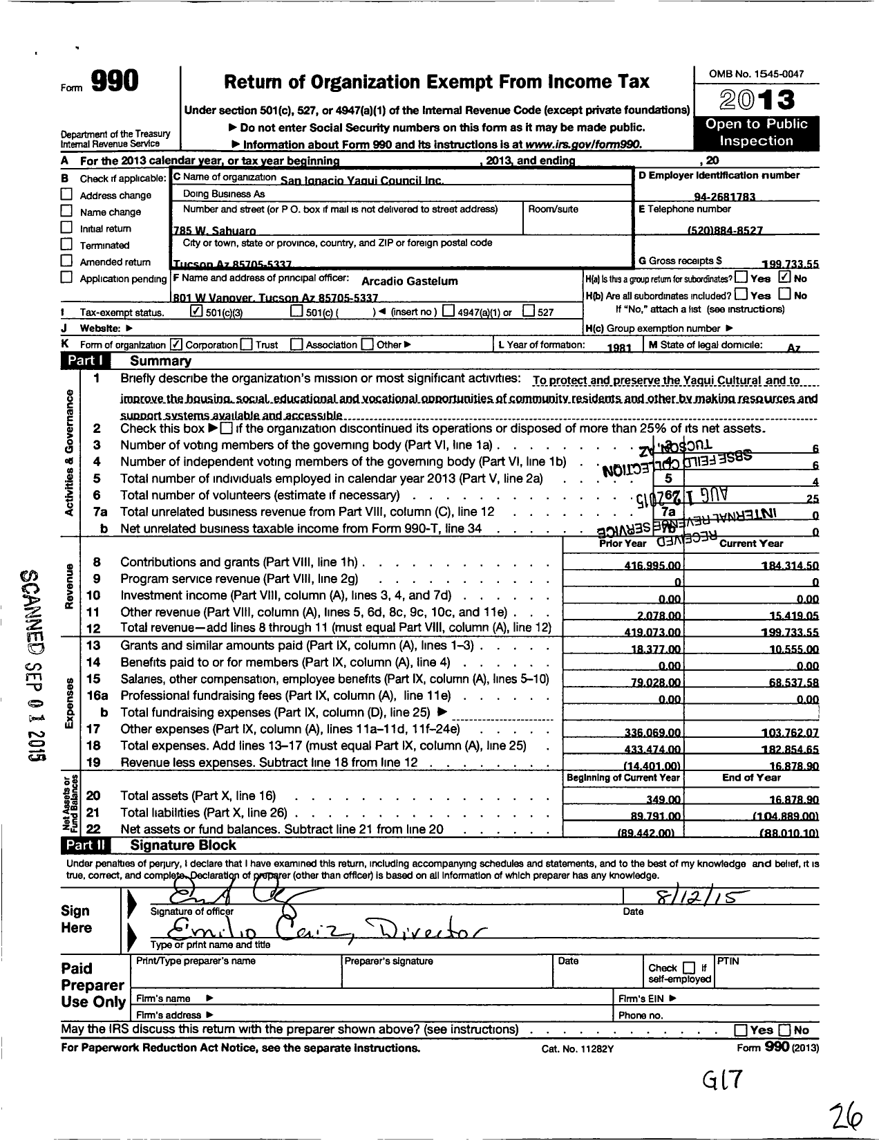 Image of first page of 2013 Form 990 for San Ignacio Yaqui Council