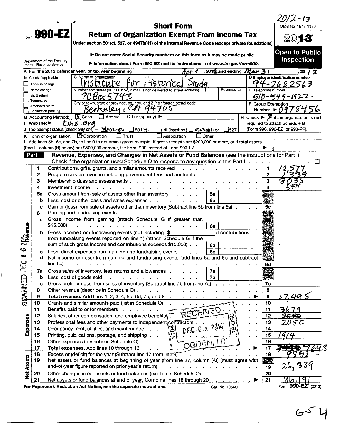 Image of first page of 2012 Form 990EZ for Institute for Historical Study