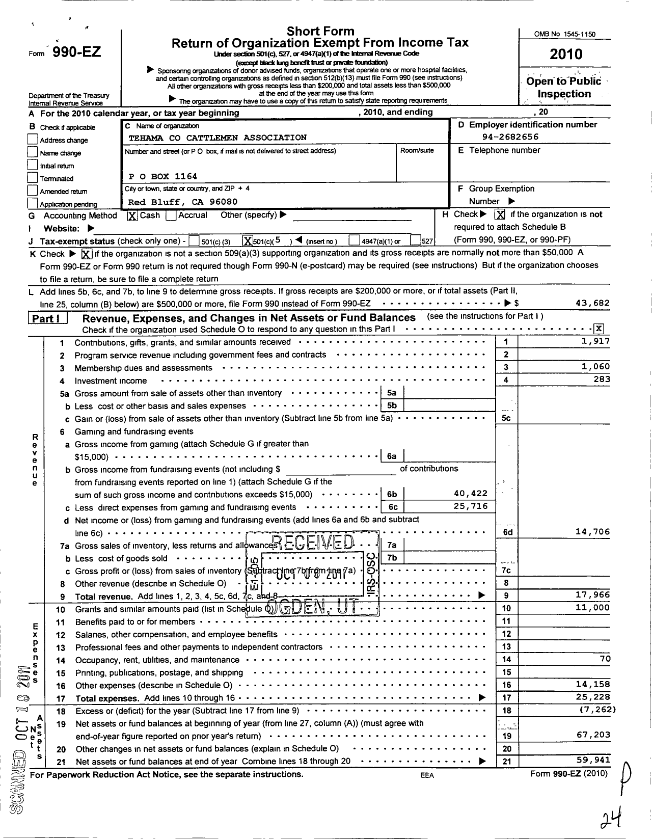 Image of first page of 2010 Form 990EO for Tehama Cattlemens Association