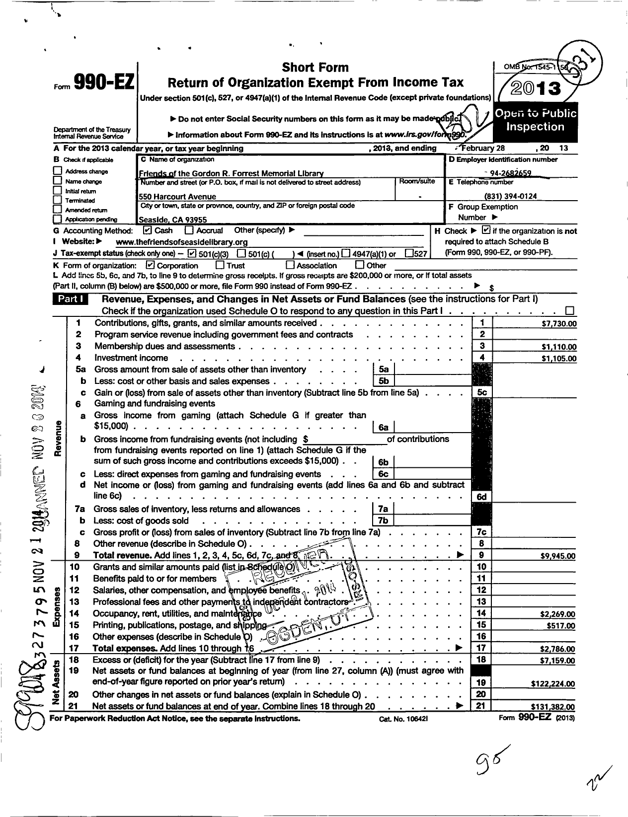 Image of first page of 2012 Form 990EZ for Friends of the Gordon R Forrest Memorial Library