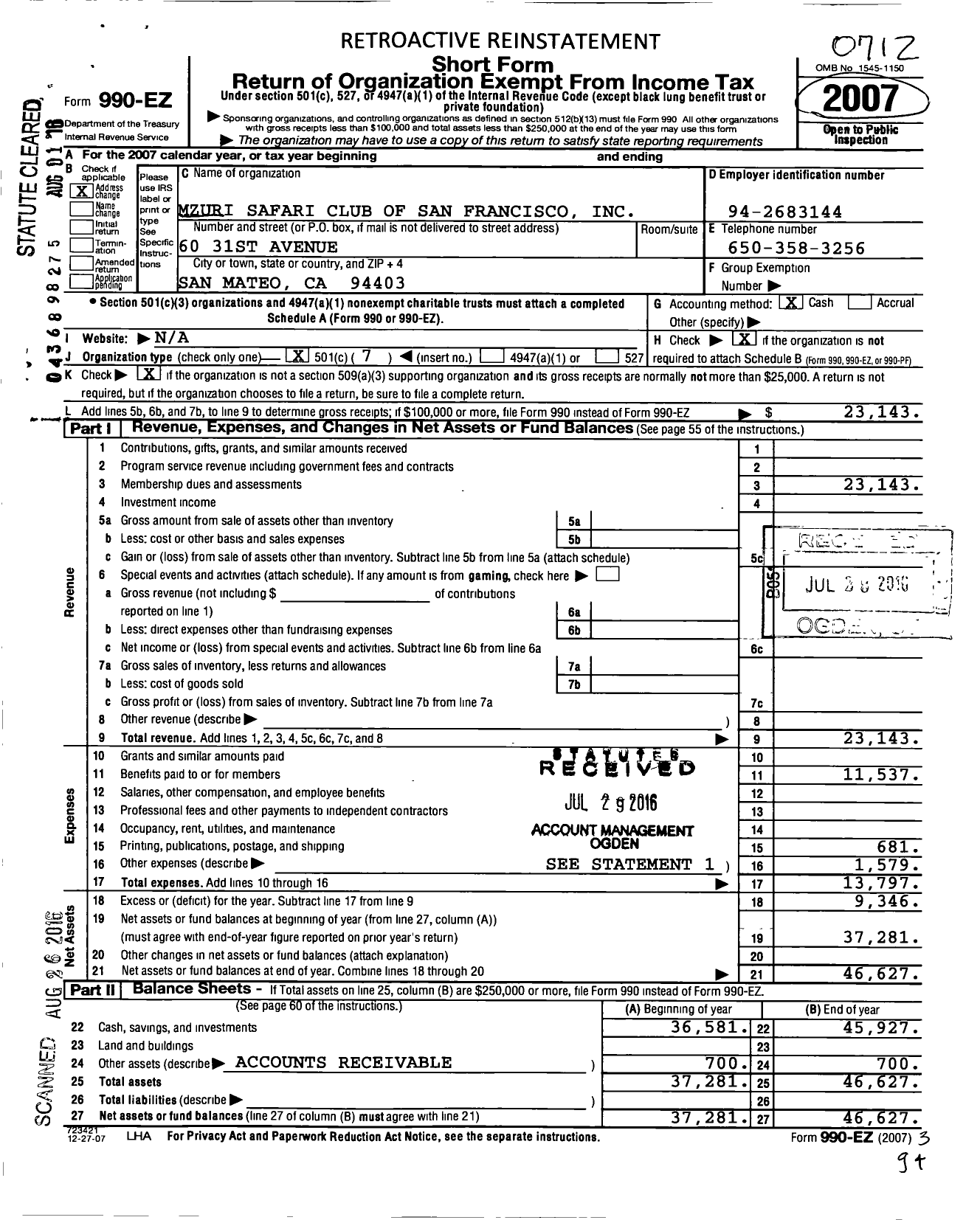 Image of first page of 2007 Form 990EO for Mzuri Safari Club of San Francisco