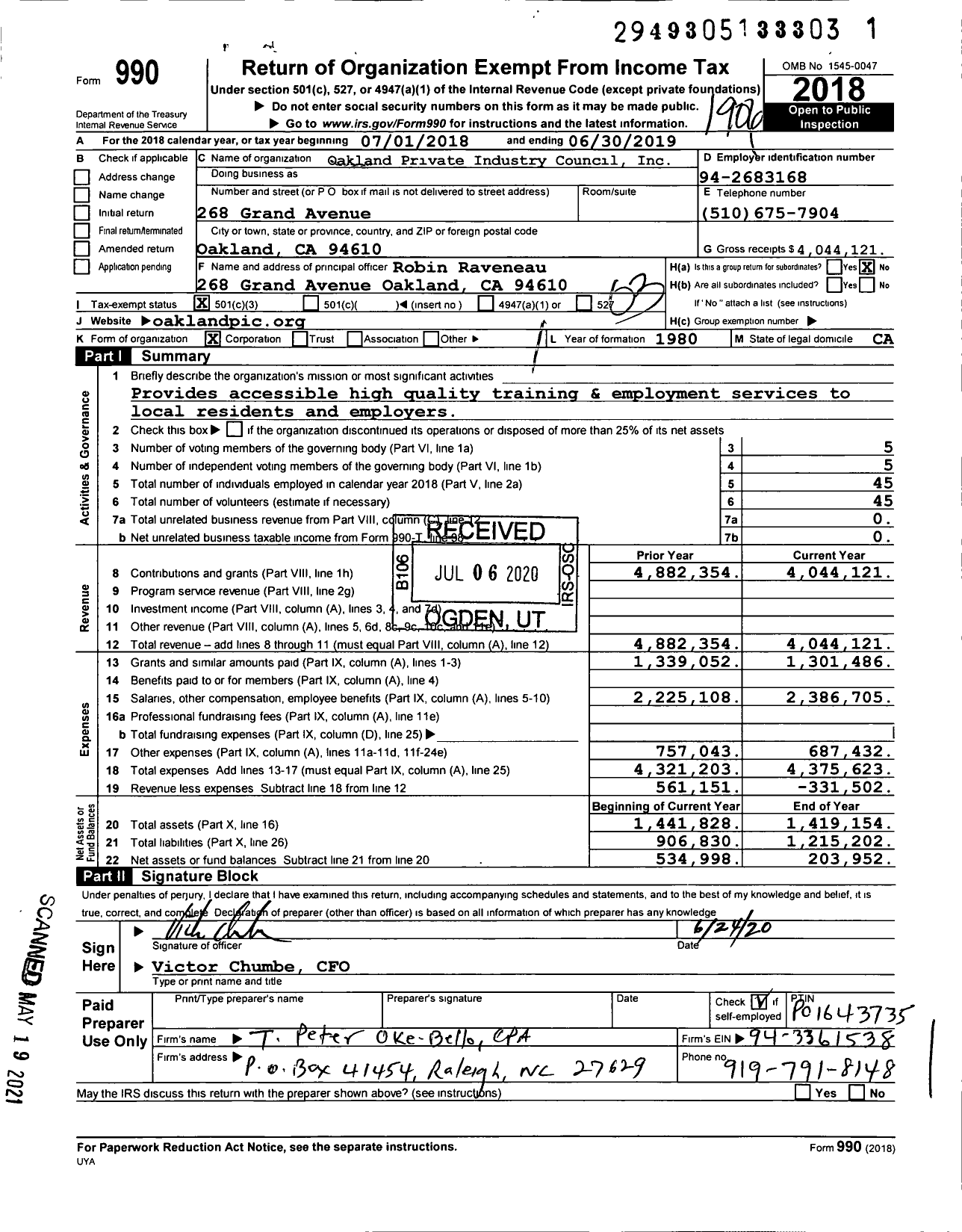 Image of first page of 2018 Form 990 for Oakland Private Industry Council (PIC)