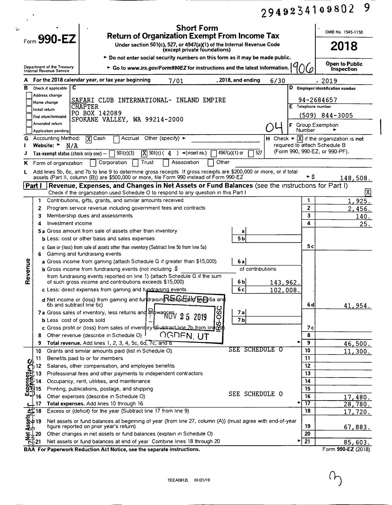 Image of first page of 2018 Form 990EO for Safari Club International- Inland Empire Chapter