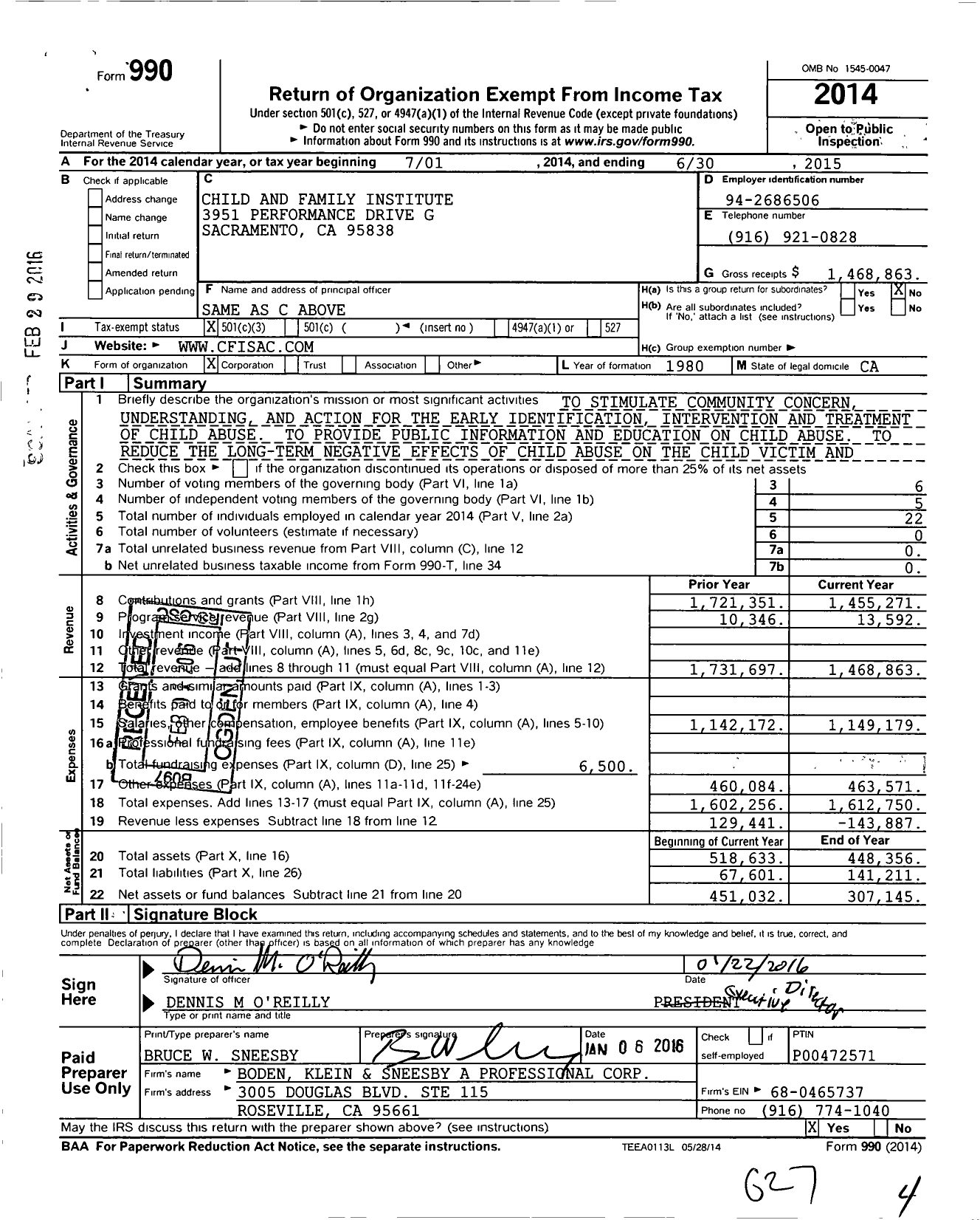 Image of first page of 2014 Form 990 for Child and Family Institute