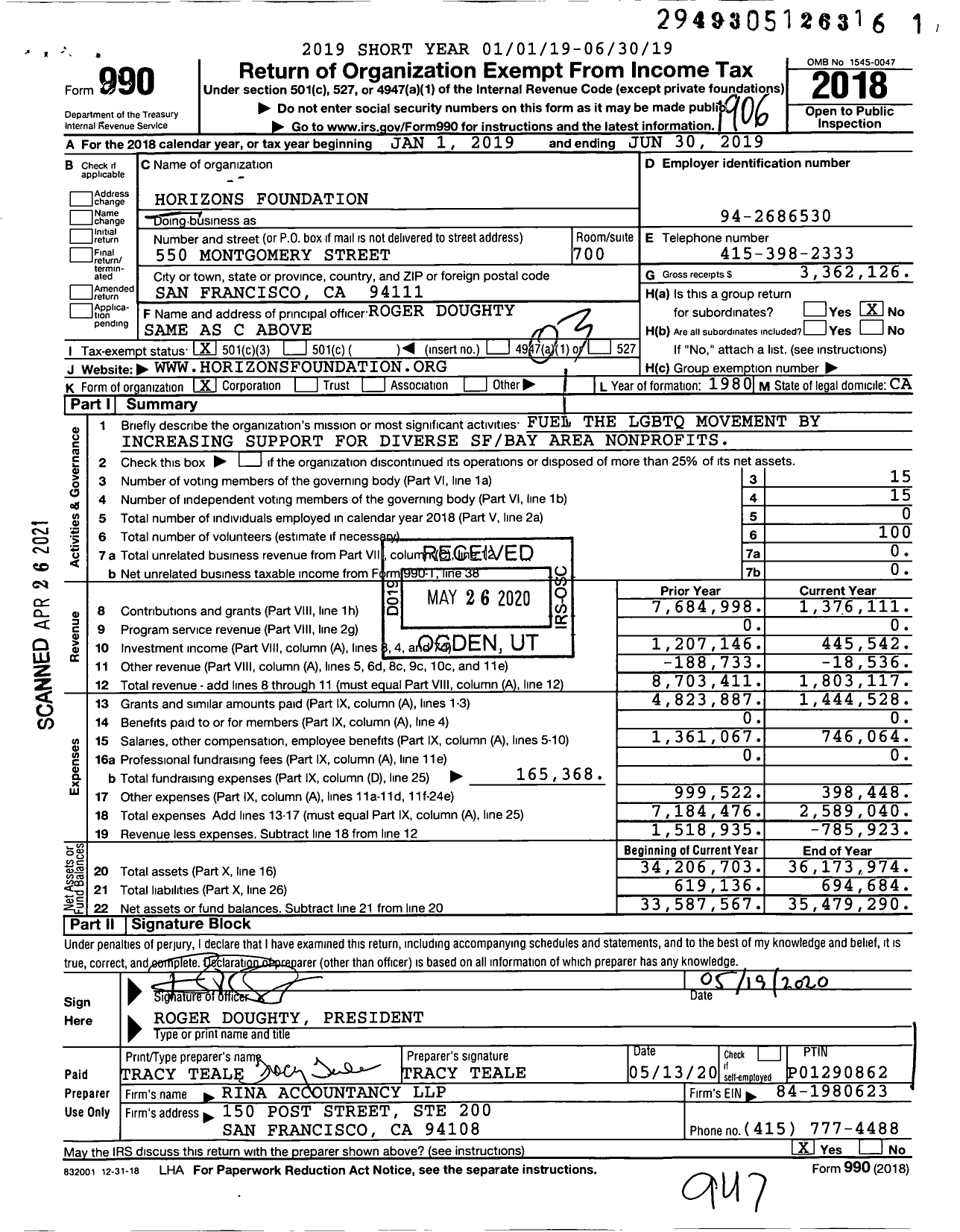 Image of first page of 2018 Form 990 for Horizons Foundation