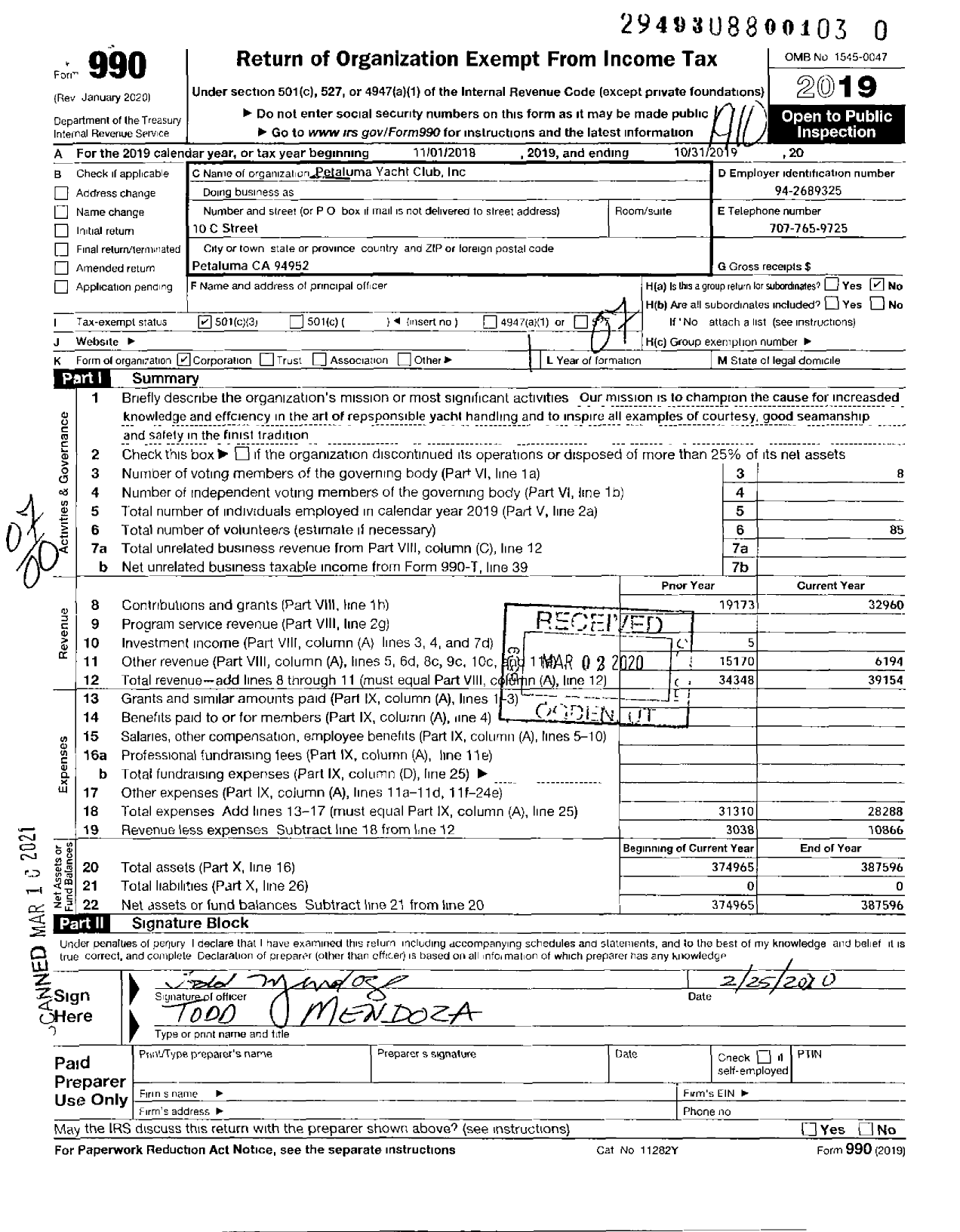 Image of first page of 2018 Form 990O for Petaluma Yacht Club