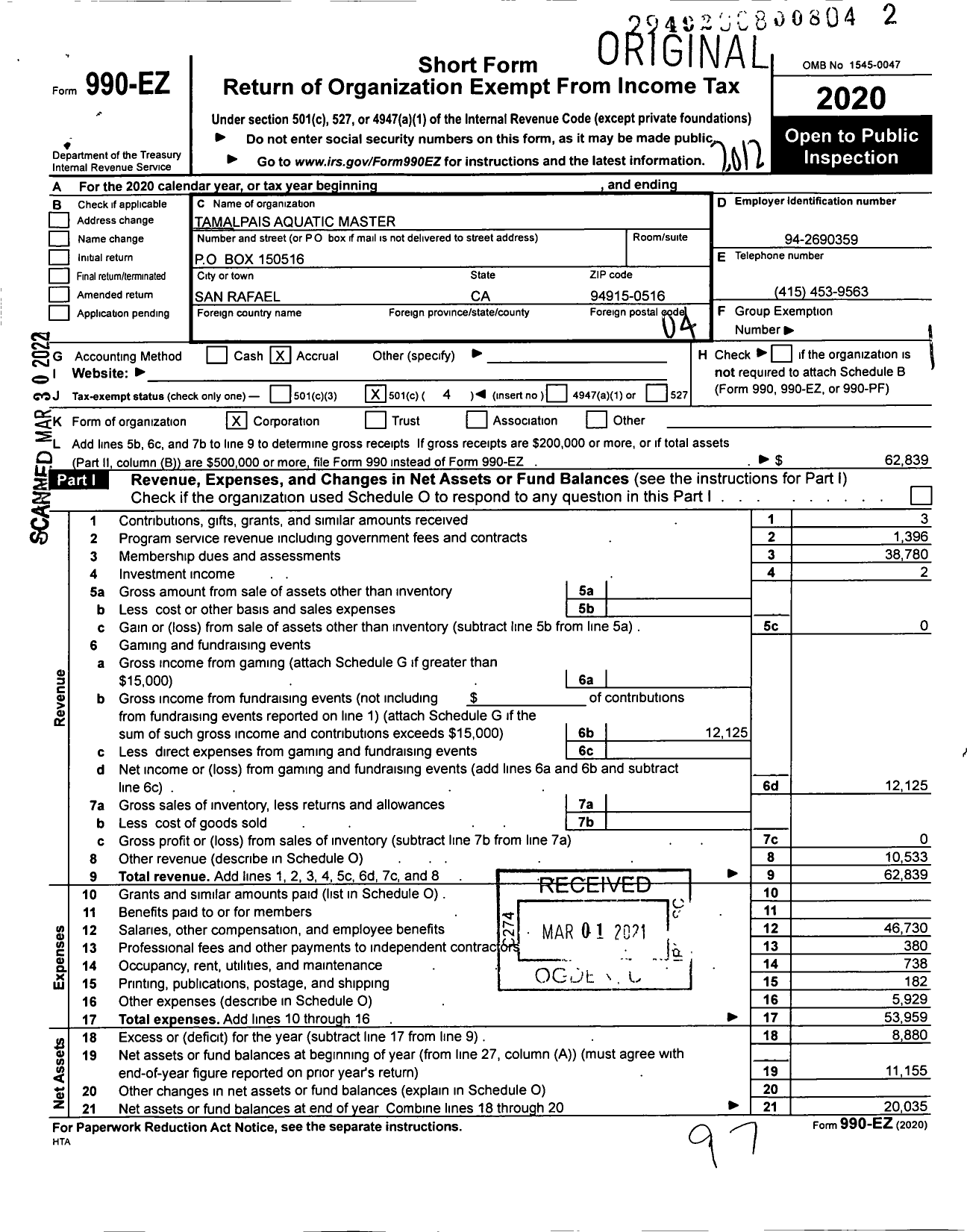 Image of first page of 2020 Form 990EO for Tamalpais Aquatic Masters