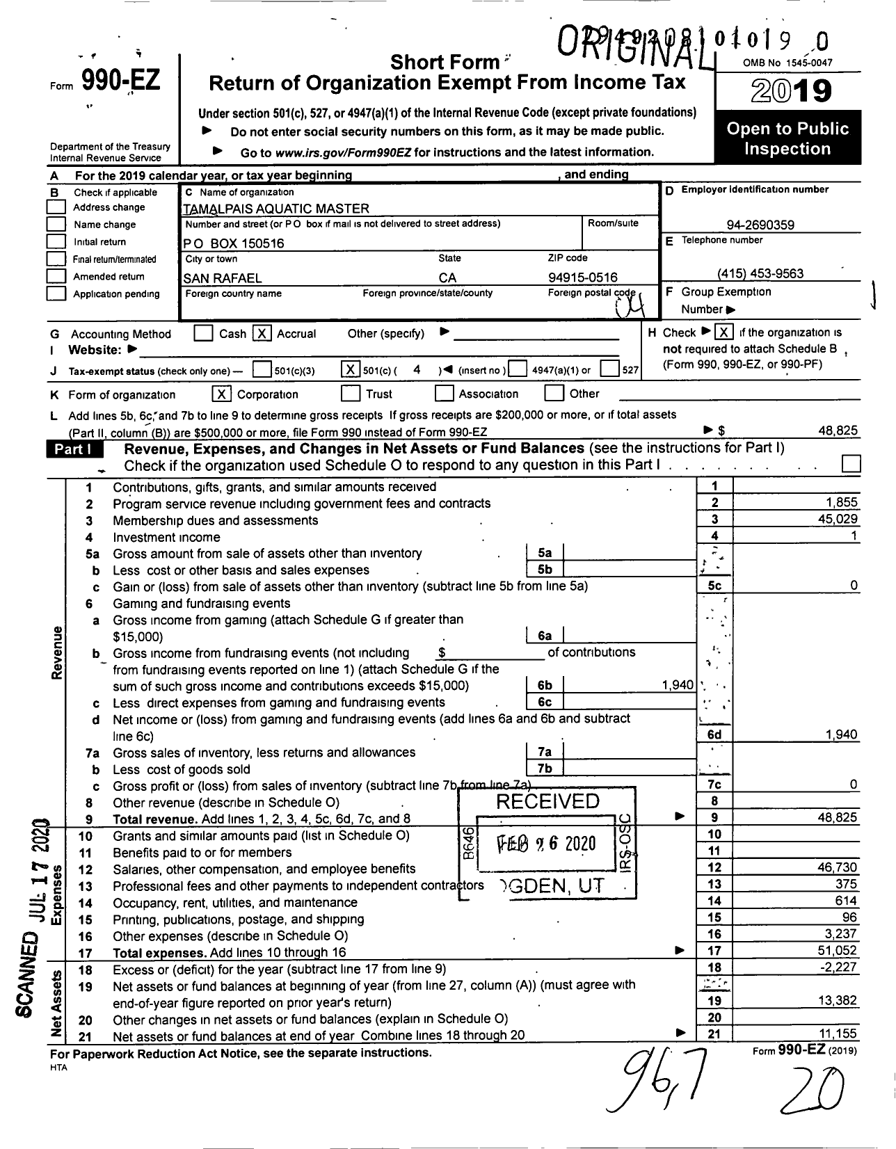 Image of first page of 2019 Form 990EO for Tamalpais Aquatic Masters