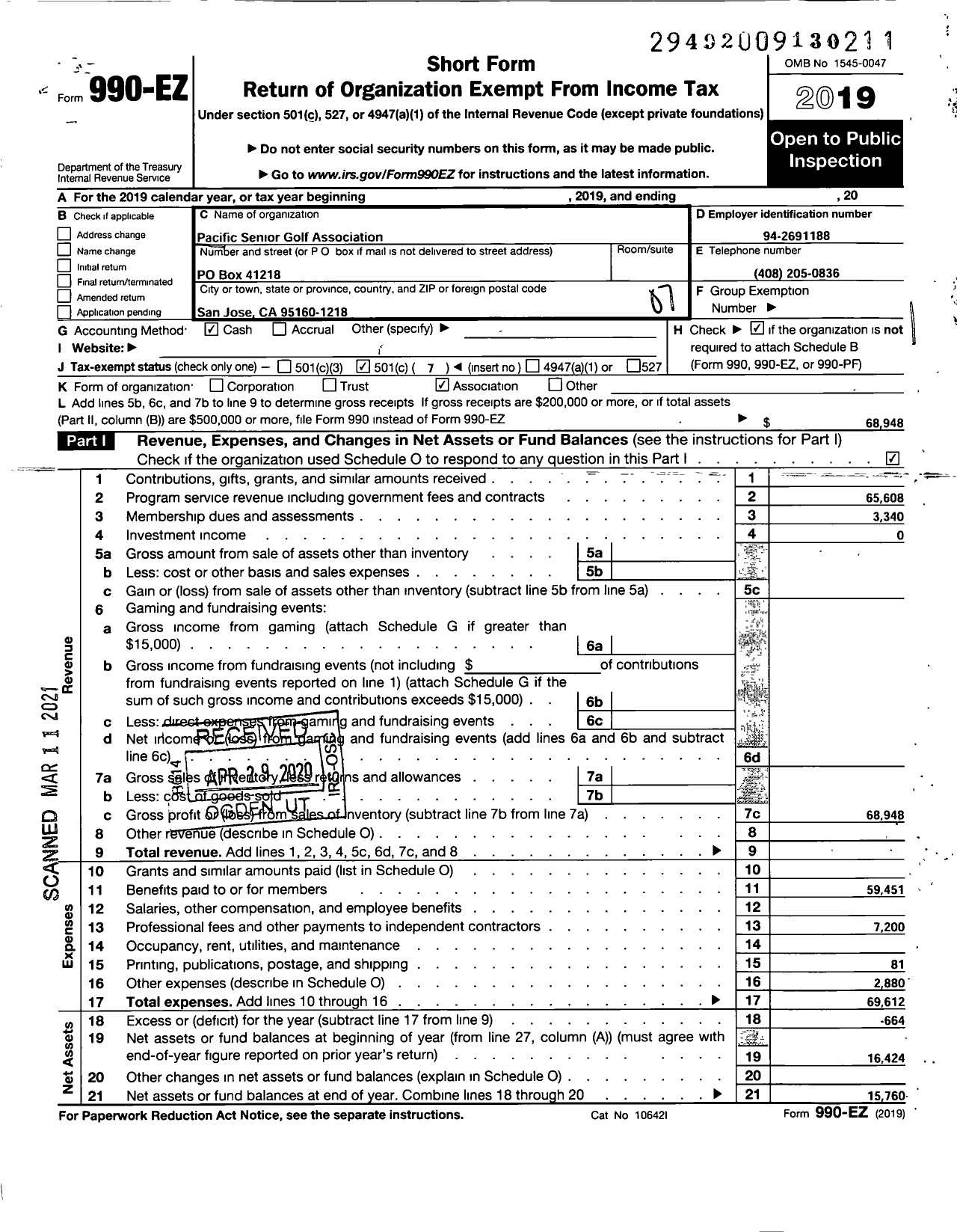 Image of first page of 2019 Form 990EO for Pacific Senior Golf Association