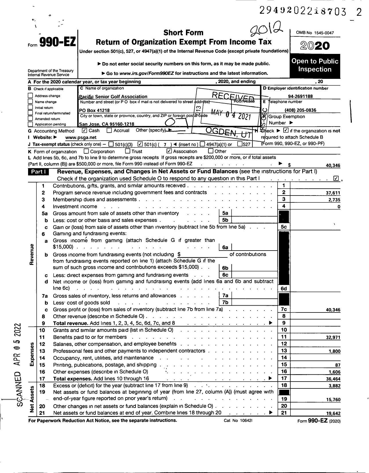 Image of first page of 2020 Form 990EO for Pacific Senior Golf Association