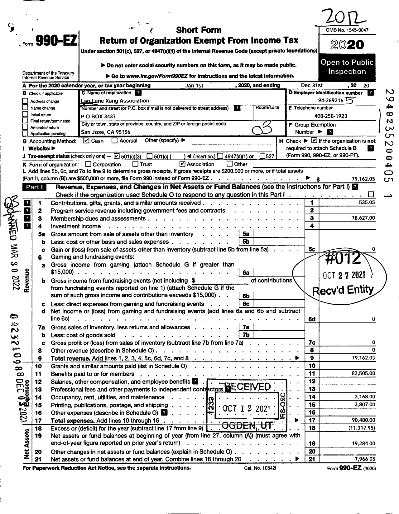 Image of first page of 2020 Form 990EZ for Lao Lane Xang Association