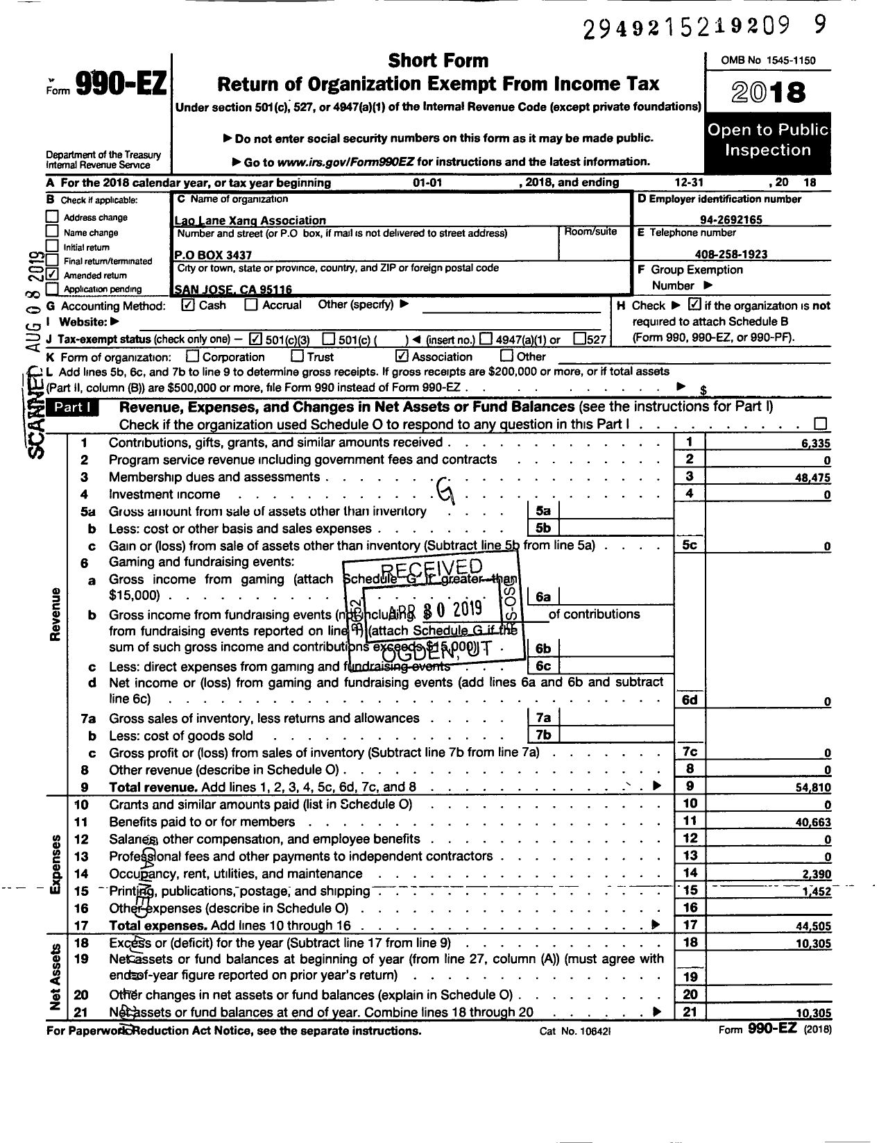 Image of first page of 2018 Form 990EZ for Lao Lane Xang Association