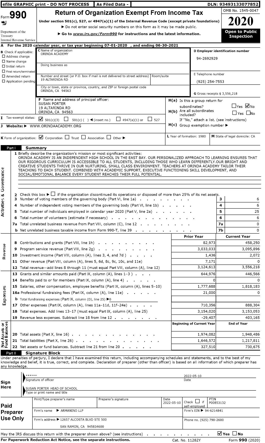 Image of first page of 2020 Form 990 for Orinda Academy