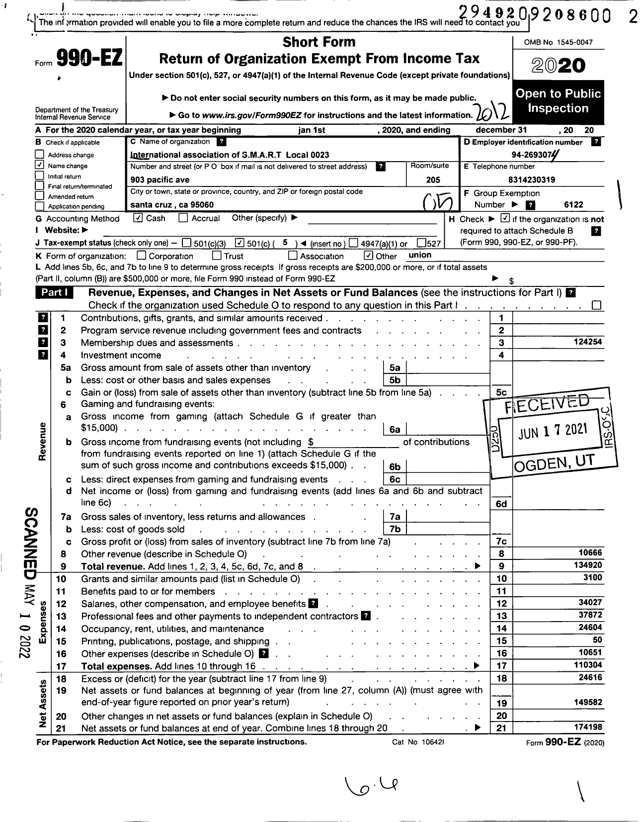 Image of first page of 2020 Form 990EO for Smart Union - 23 TD