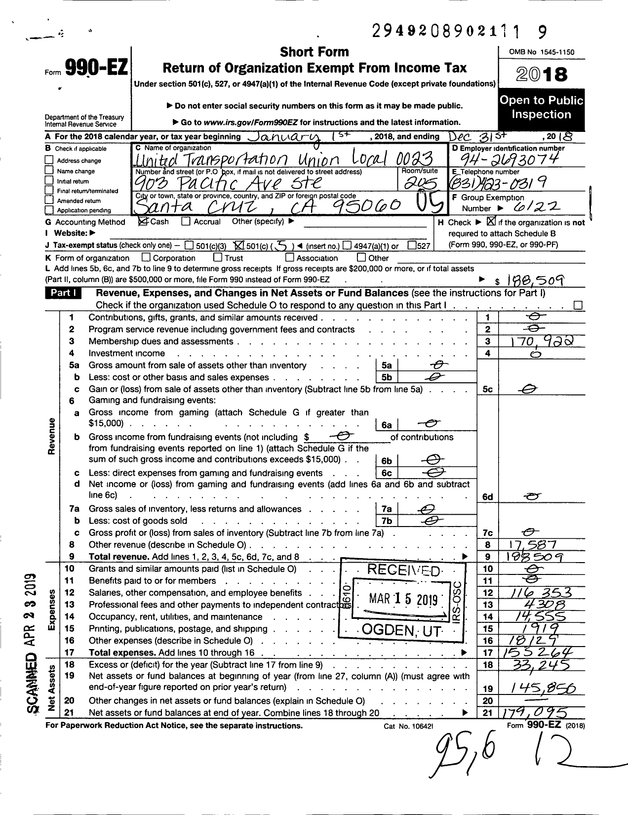 Image of first page of 2018 Form 990EO for Smart Union - 23 TD