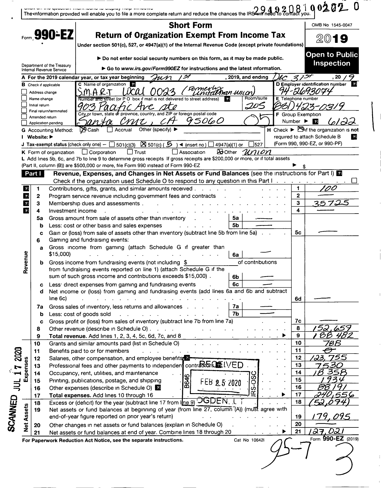 Image of first page of 2019 Form 990EO for Smart Union - 23 TD