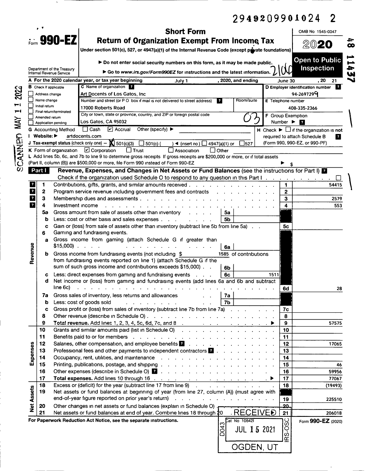 Image of first page of 2020 Form 990EZ for Art Docents of Los Gatos