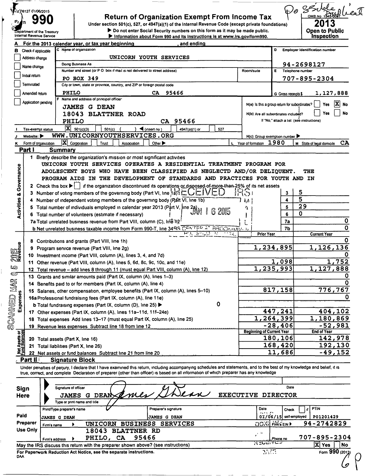 Image of first page of 2013 Form 990 for Unicorn Youth Services