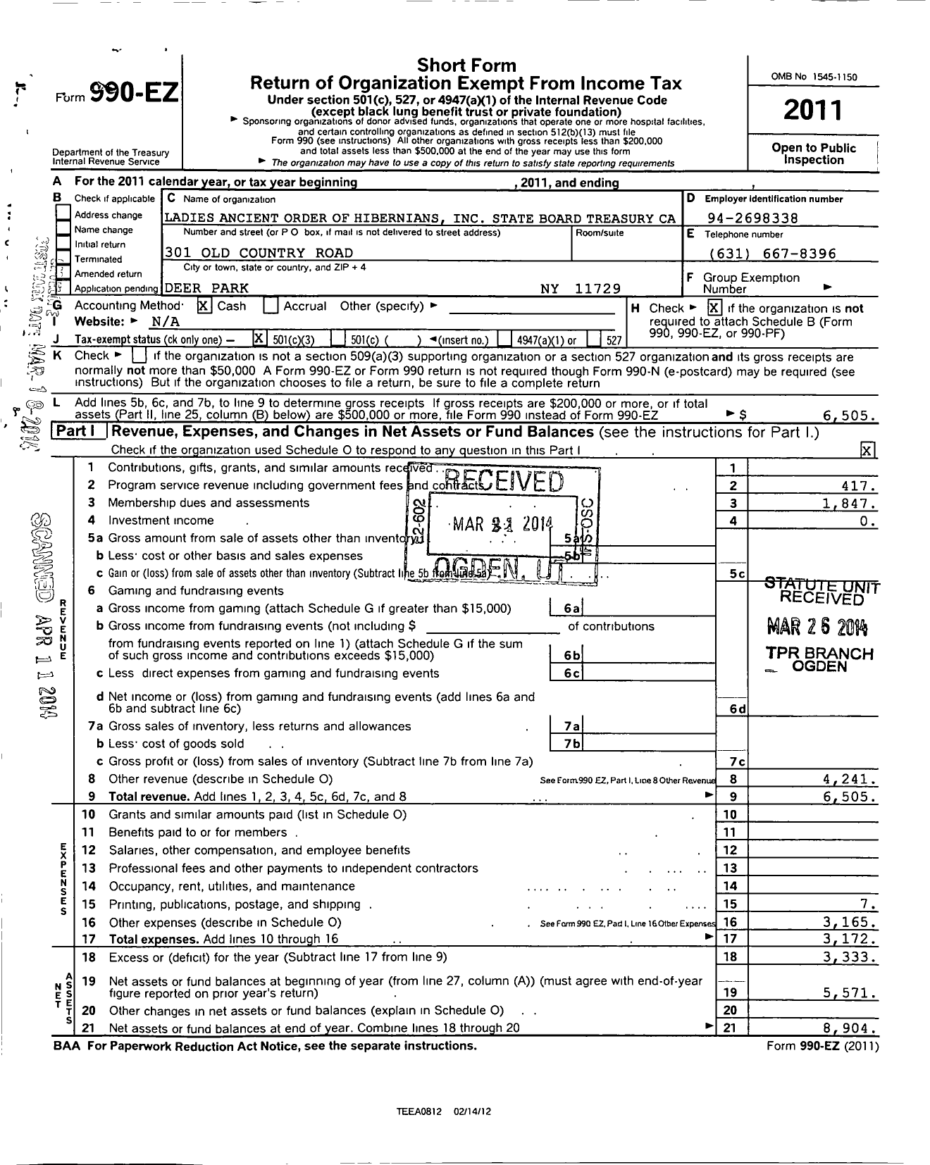 Image of first page of 2011 Form 990EZ for Ancient Order of Hibernians Ladies / California State Board