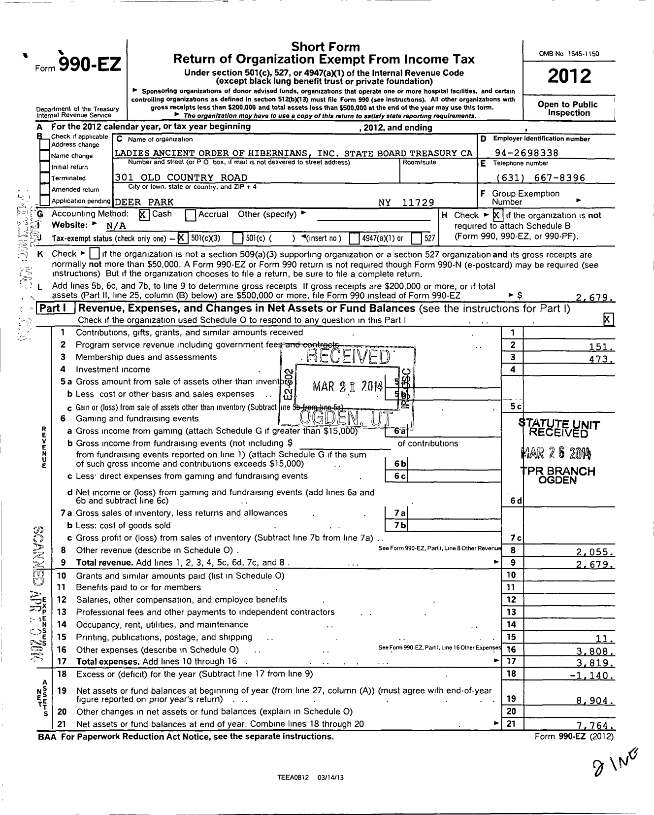 Image of first page of 2012 Form 990EZ for Ancient Order of Hibernians Ladies / California State Board