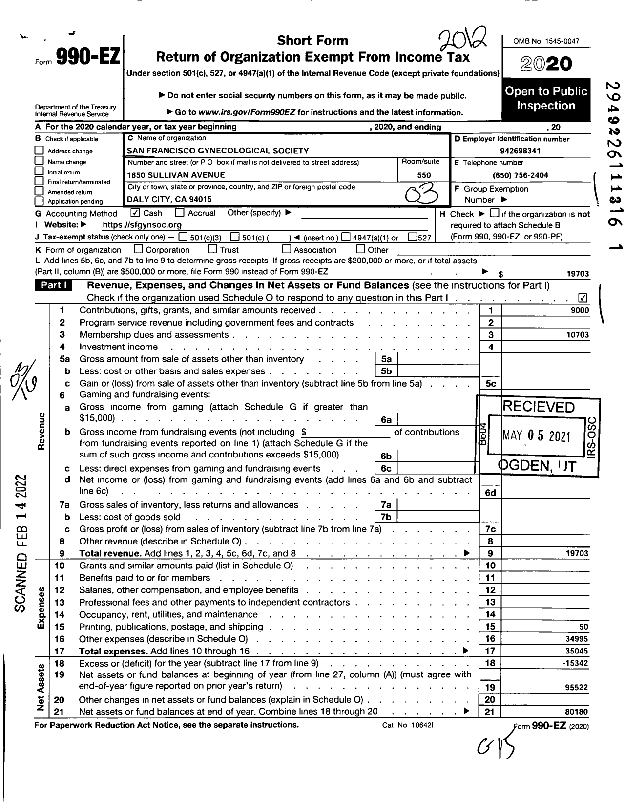 Image of first page of 2020 Form 990EZ for San Francisco Gynecological Society