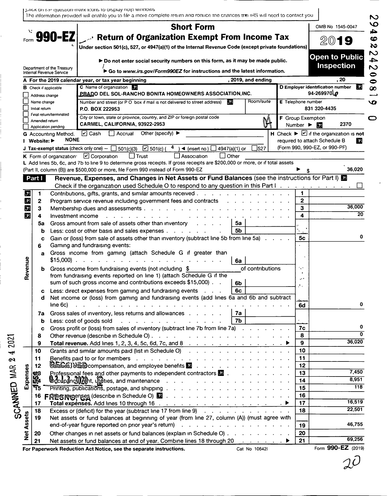 Image of first page of 2019 Form 990EO for Prado Del Sol-Rancho Bonita HOA