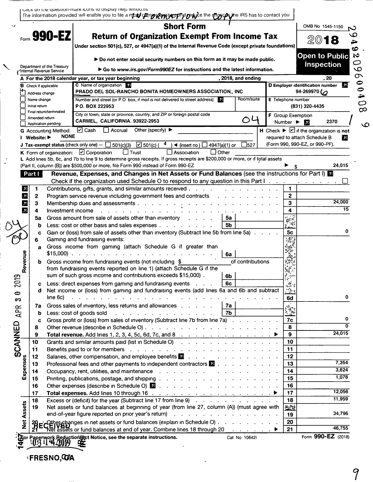 Image of first page of 2018 Form 990EO for Prado Del Sol-Rancho Bonita HOA