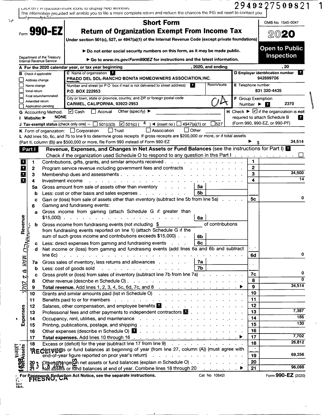 Image of first page of 2020 Form 990EO for Prado Del Sol-Rancho Bonita HOA