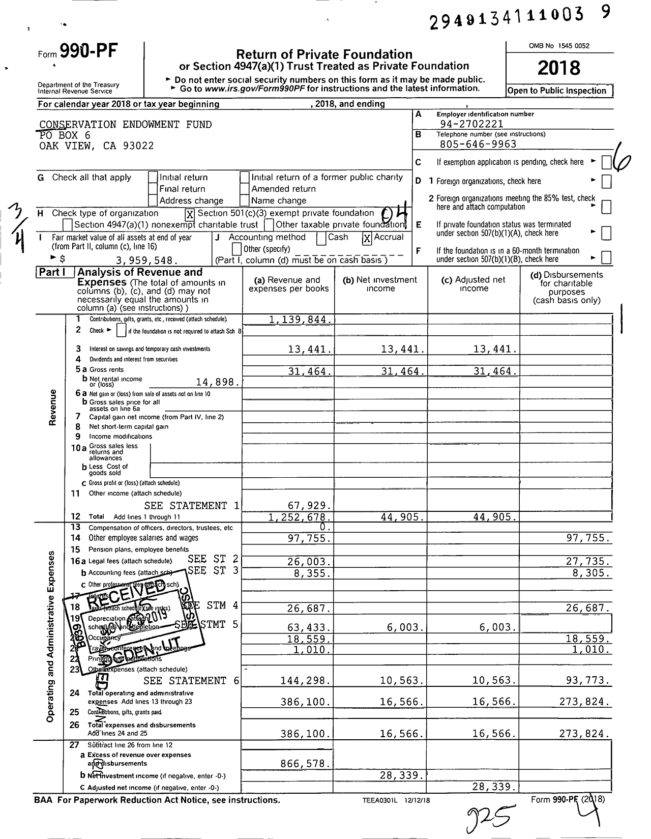 Image of first page of 2018 Form 990PF for Conservation Endowment Fund