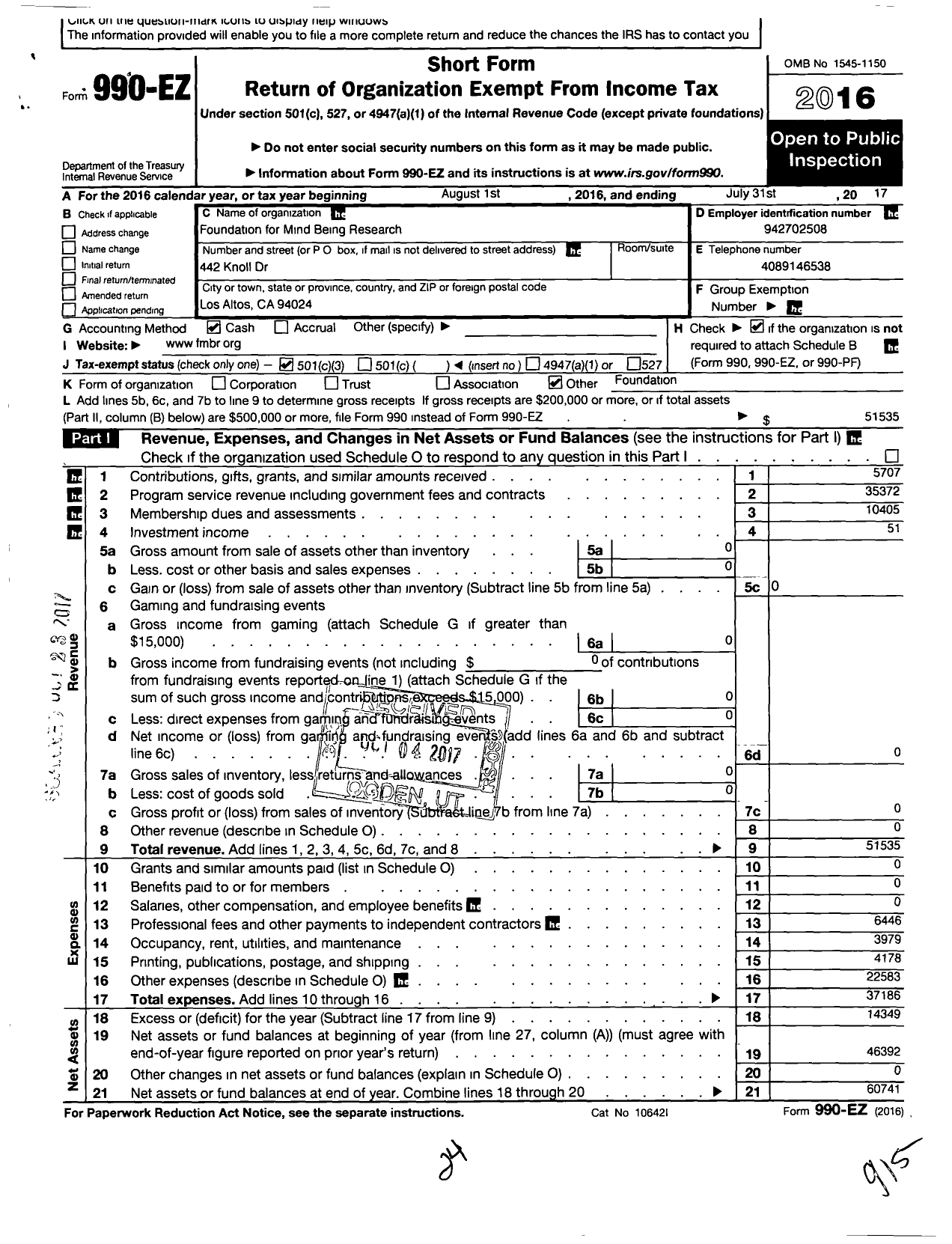 Image of first page of 2016 Form 990EZ for Foundation for Mind Being Research