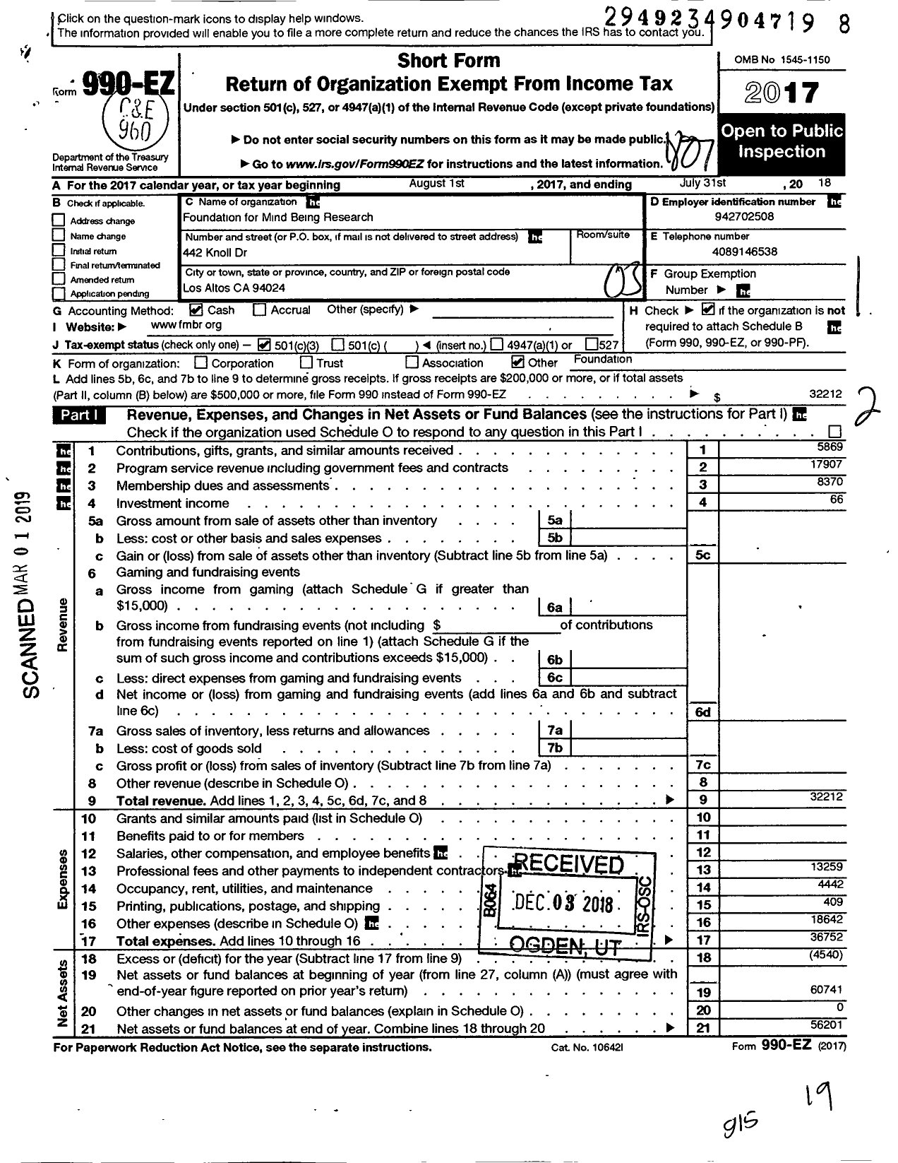 Image of first page of 2017 Form 990EZ for Foundation for Mind Being Research