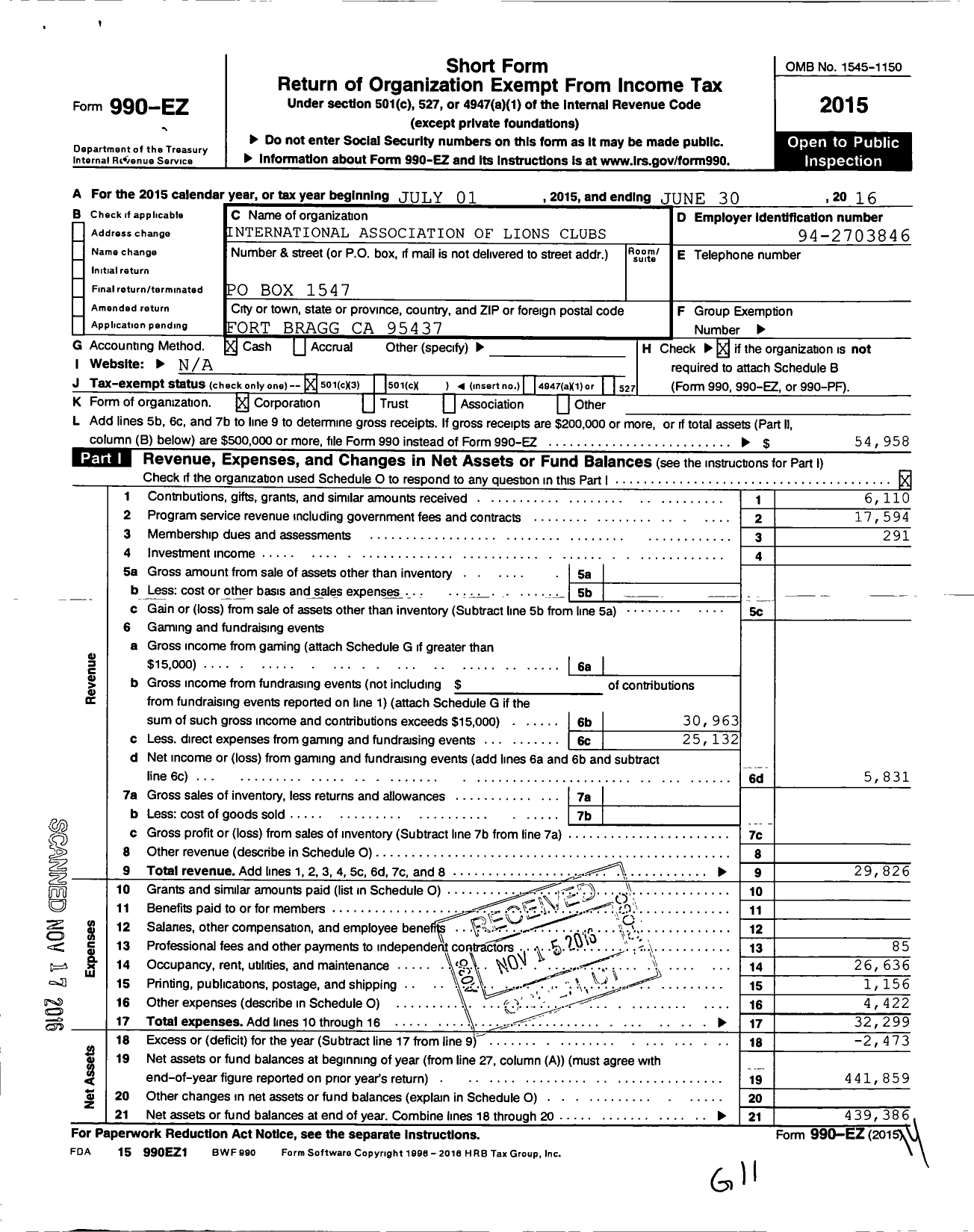 Image of first page of 2015 Form 990EZ for Lions Clubs - 2009 Fort Bragg Mendocino