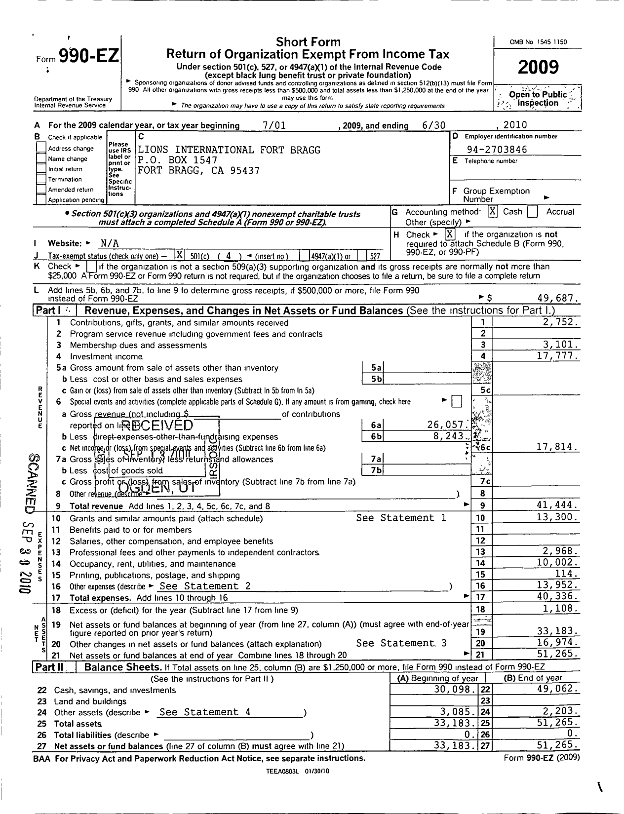 Image of first page of 2009 Form 990EO for Lions Clubs - 2009 Fort Bragg Mendocino