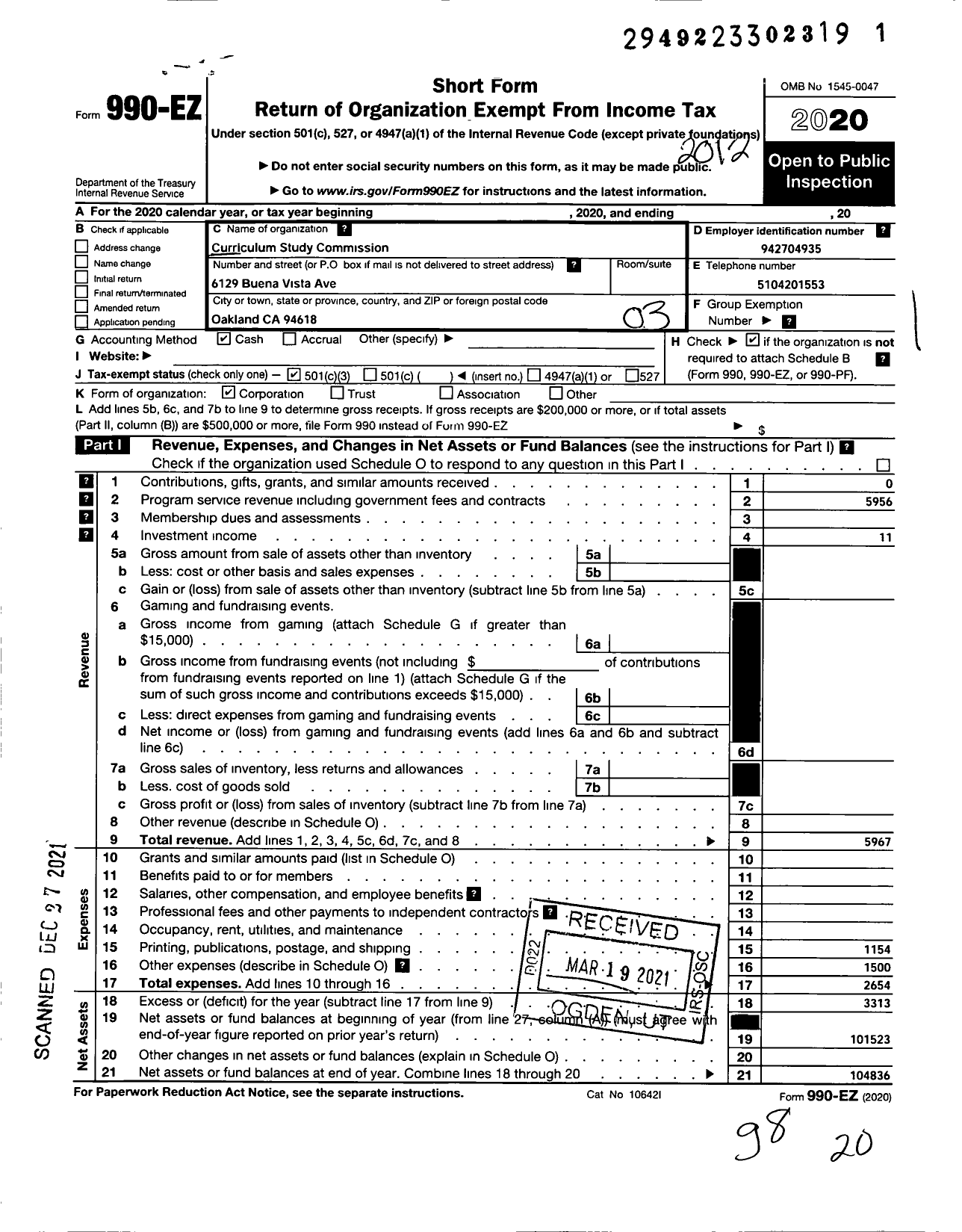 Image of first page of 2020 Form 990EZ for Curriculum Study Commission