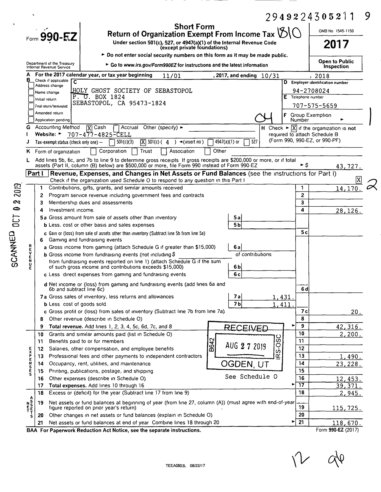 Image of first page of 2017 Form 990EO for Holy Ghost Society of Sebastopol