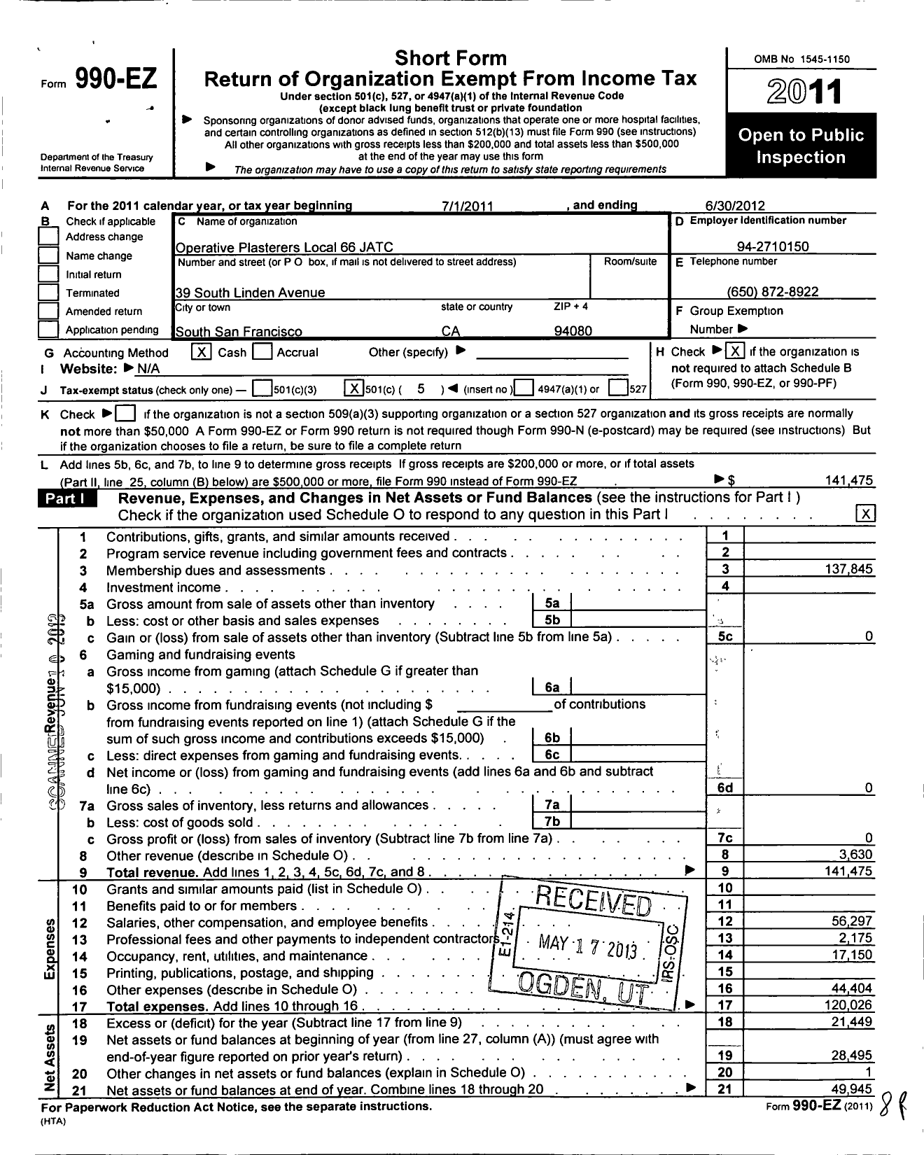 Image of first page of 2011 Form 990EO for Operative Plasterers Local Union No 66 Jatc