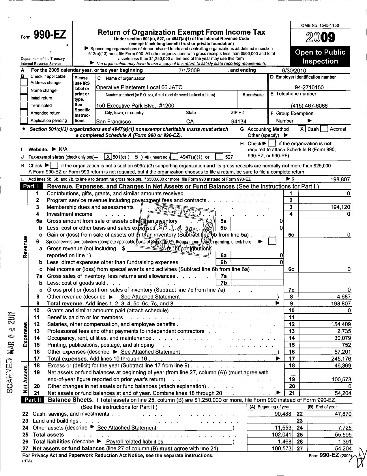 Image of first page of 2009 Form 990EO for Operative Plasterers Local Union No 66 Jatc