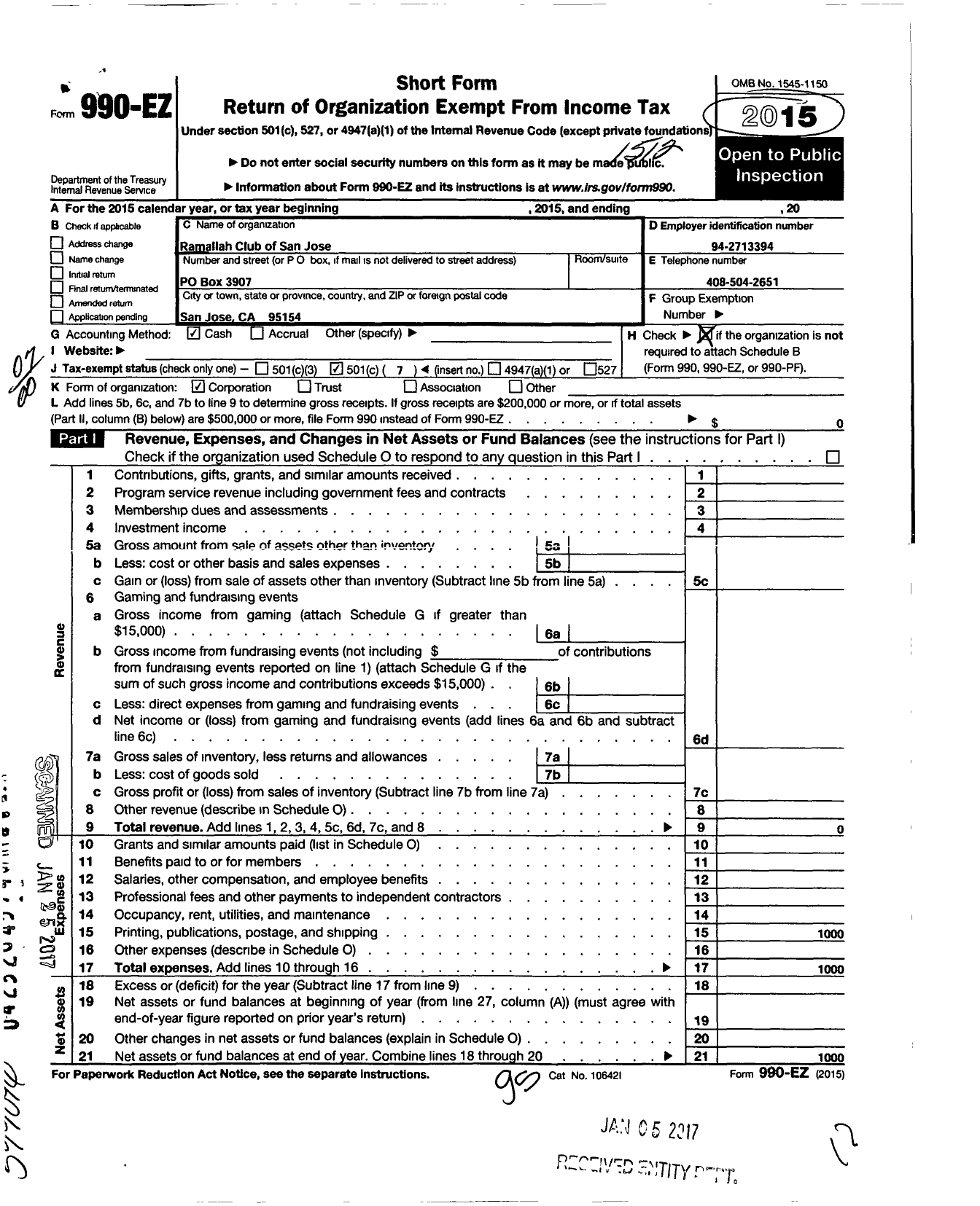 Image of first page of 2015 Form 990EO for Ramallah Club of San Jose