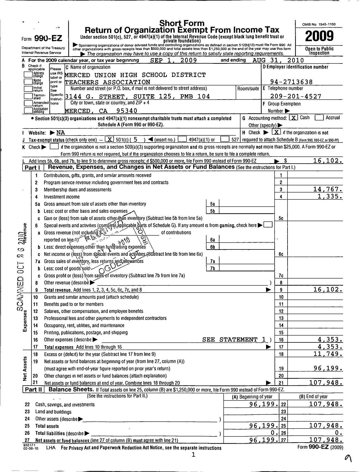 Image of first page of 2009 Form 990EO for California Teachers Association - Merced Co Office Teachers Assn