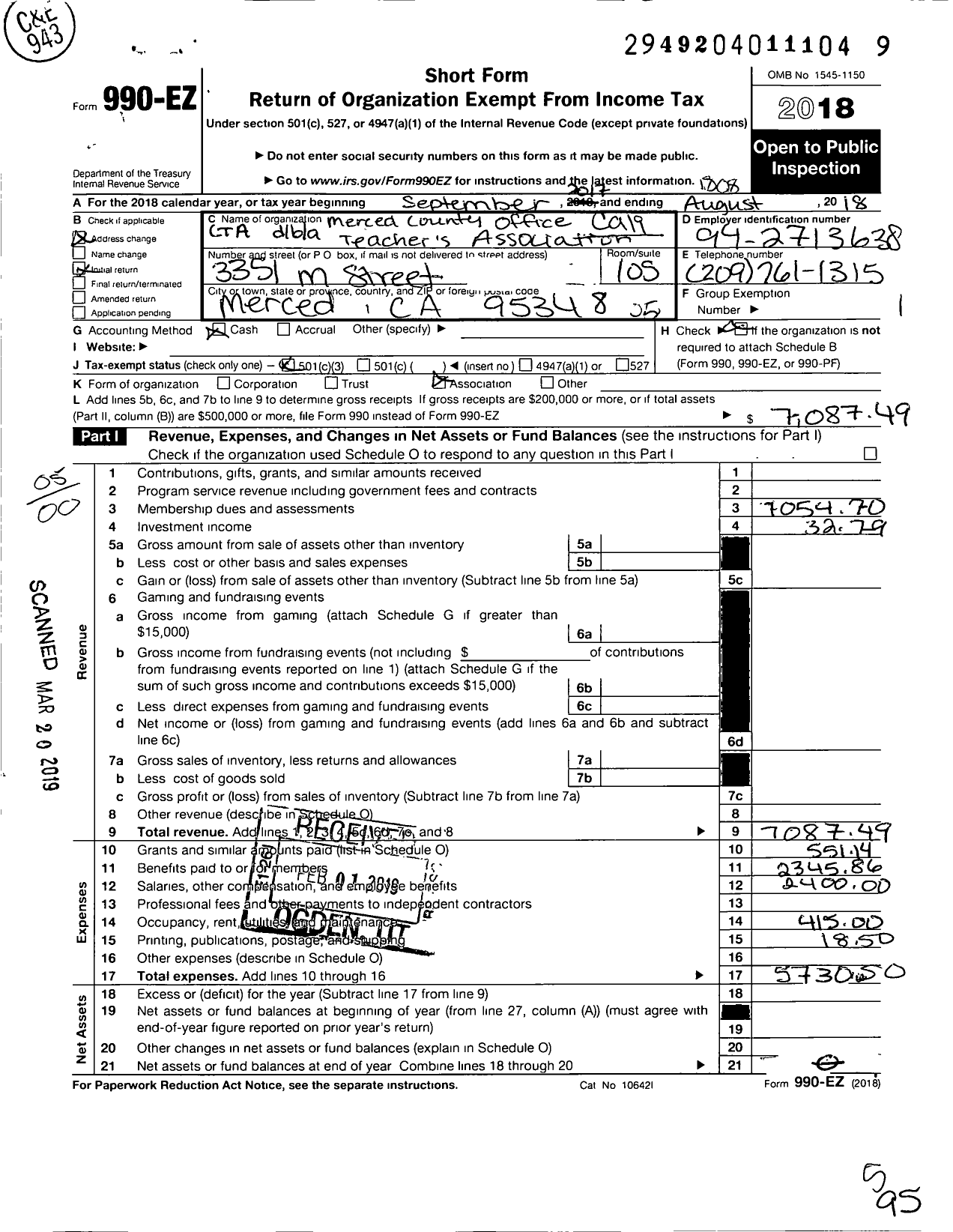 Image of first page of 2017 Form 990EO for California Teachers Association - Merced Co Office Teachers Assn