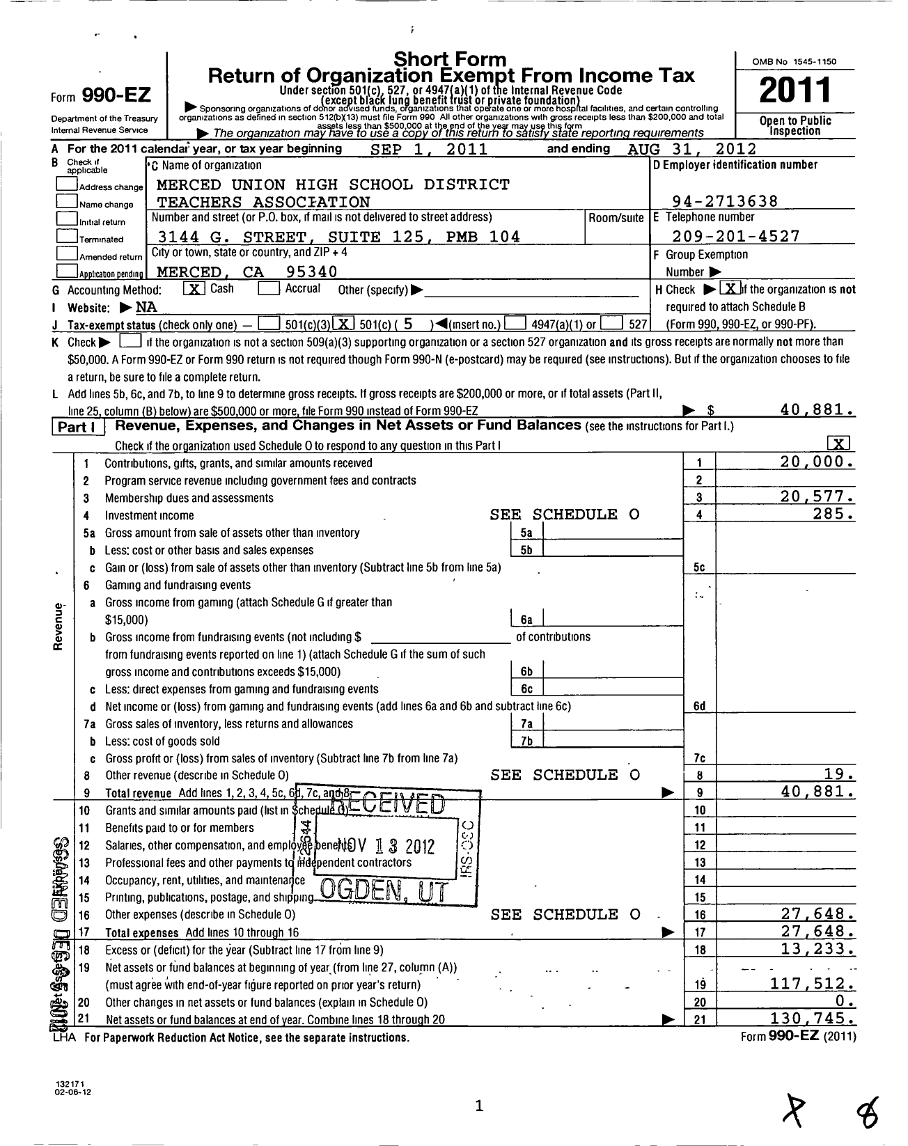 Image of first page of 2011 Form 990EO for California Teachers Association - Merced Co Office Teachers Assn