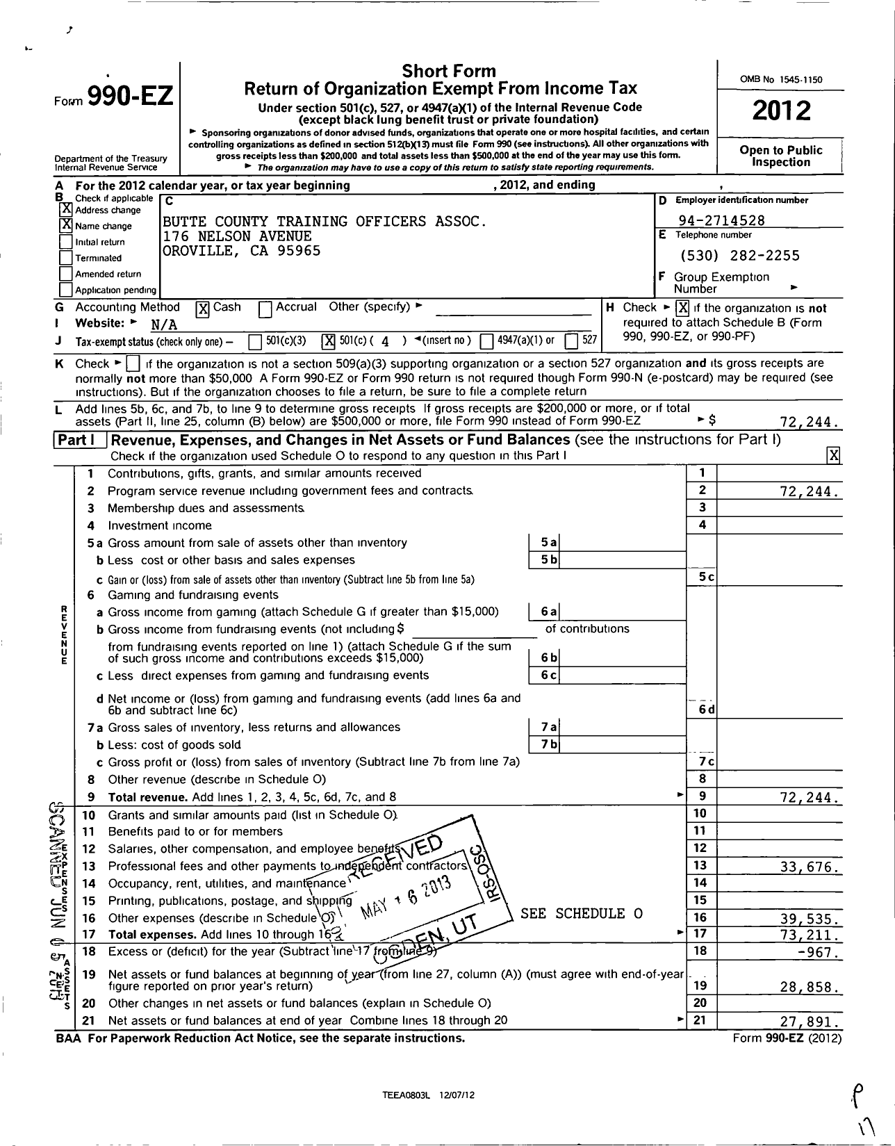 Image of first page of 2012 Form 990EO for Butte County Training Officers Association