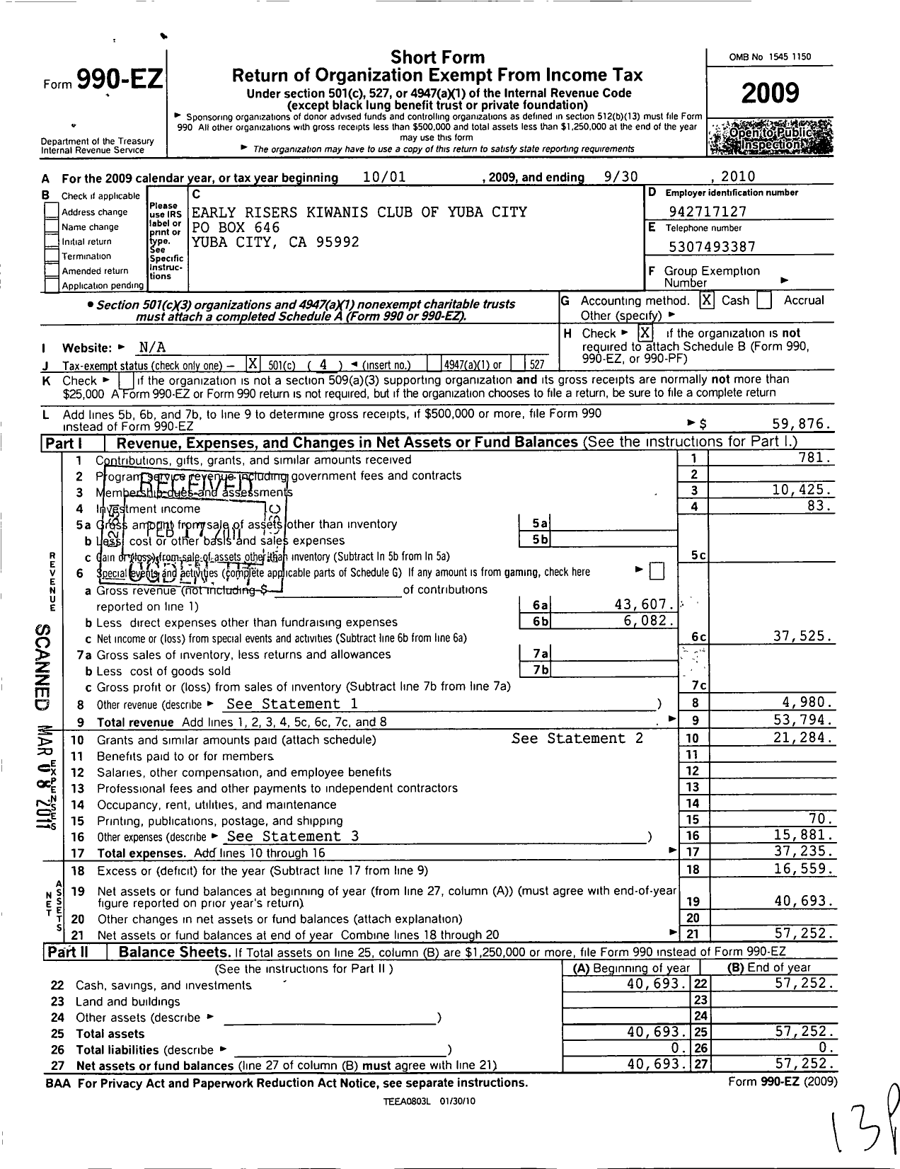 Image of first page of 2009 Form 990EO for Kiwanis International - K06817 Early Risers-Yuba City