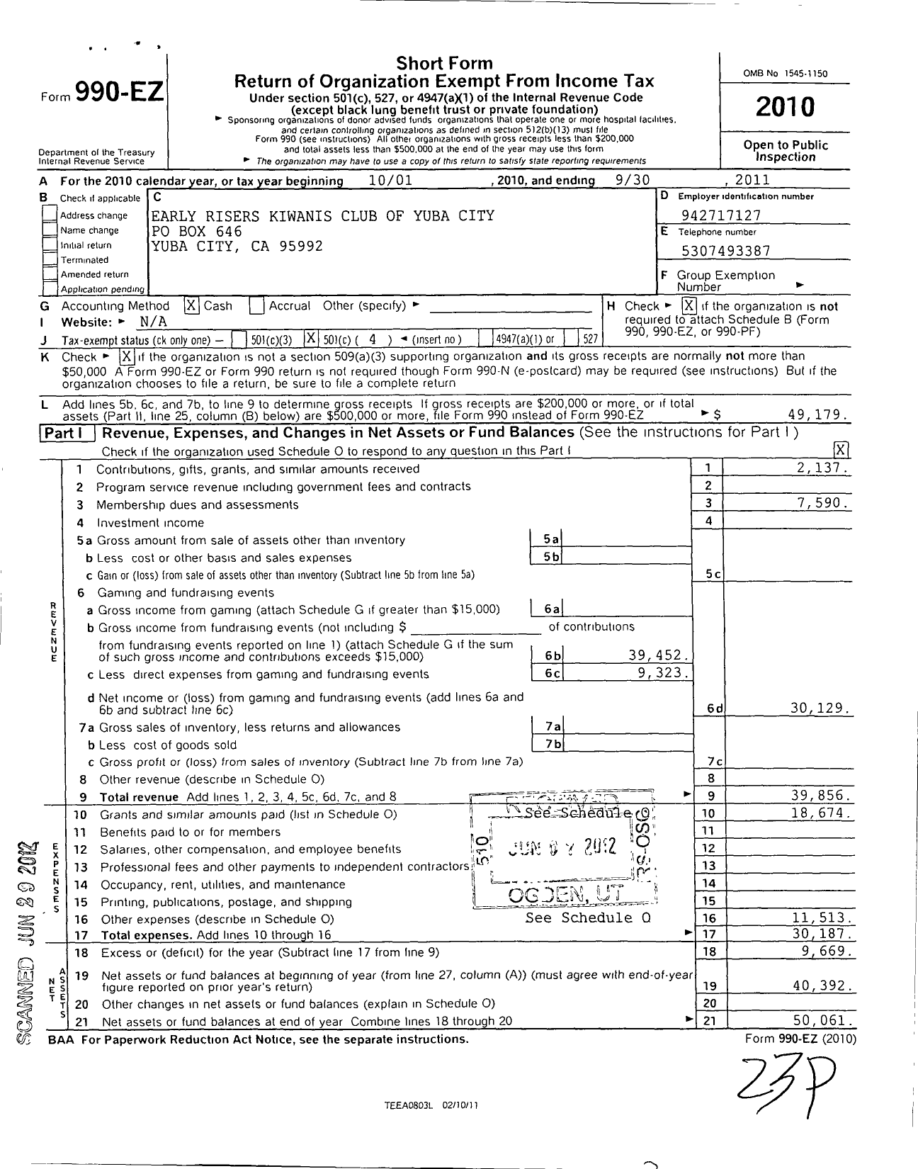 Image of first page of 2010 Form 990EO for Kiwanis International - K06817 Early Risers-Yuba City