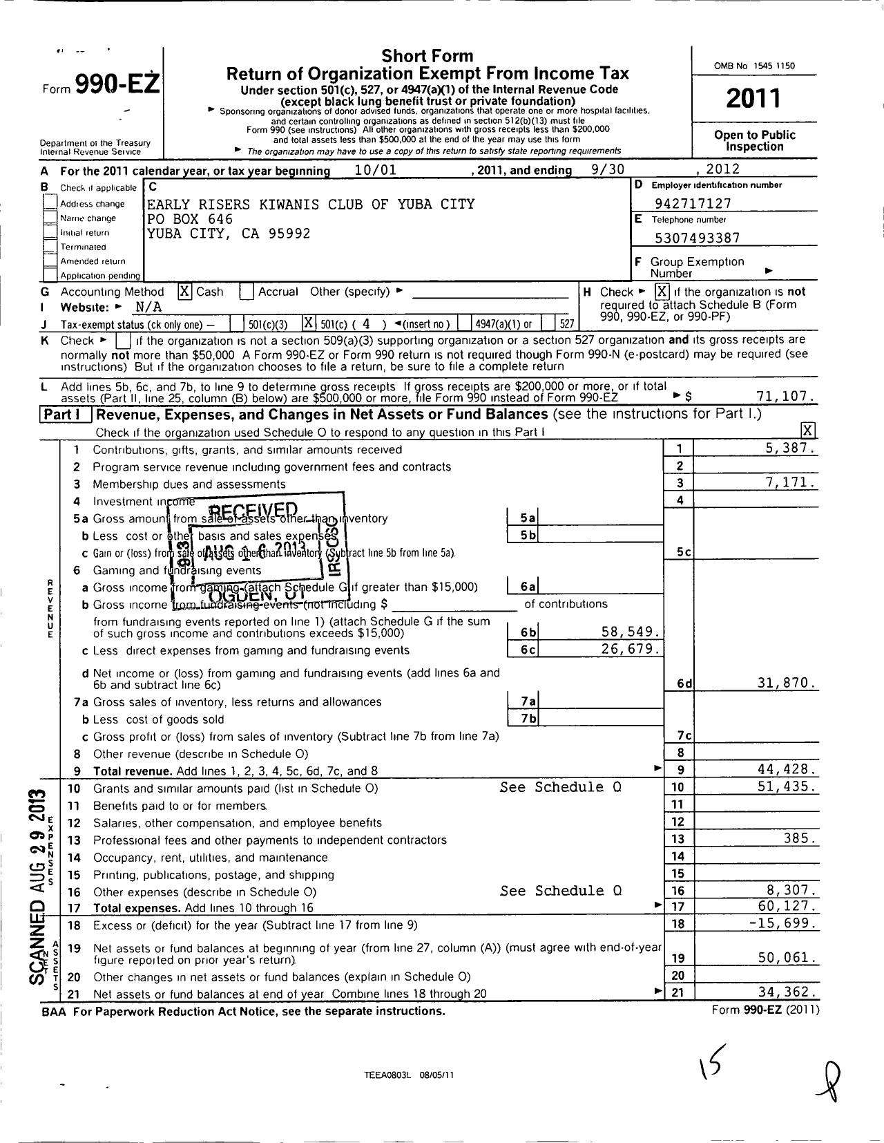 Image of first page of 2011 Form 990EO for Kiwanis International - K06817 Early Risers-Yuba City